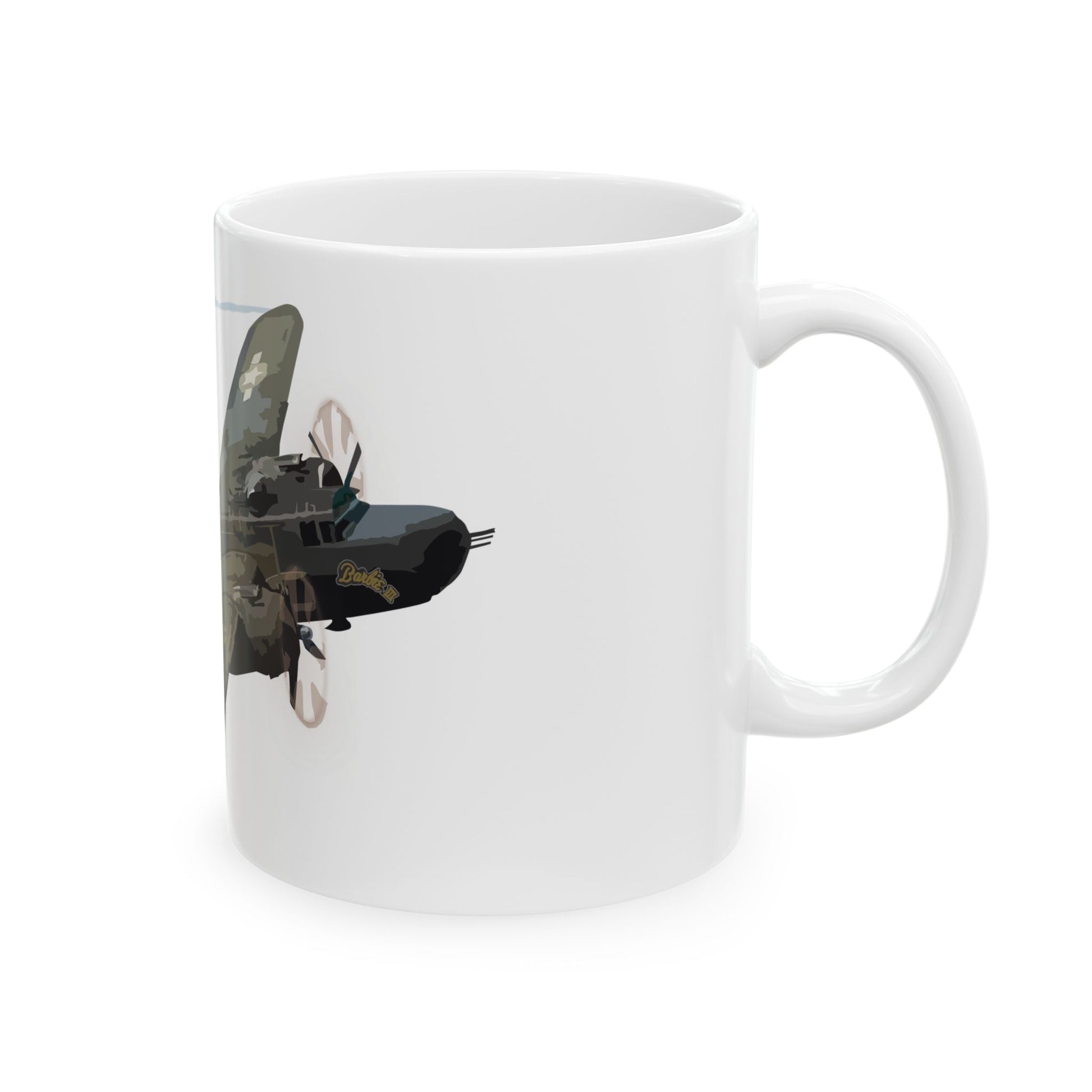 B-25 "Barbie" bomber-themed ceramic mug with a sleek design, available in 11oz and 15oz sizes, microwave and dishwasher safe.