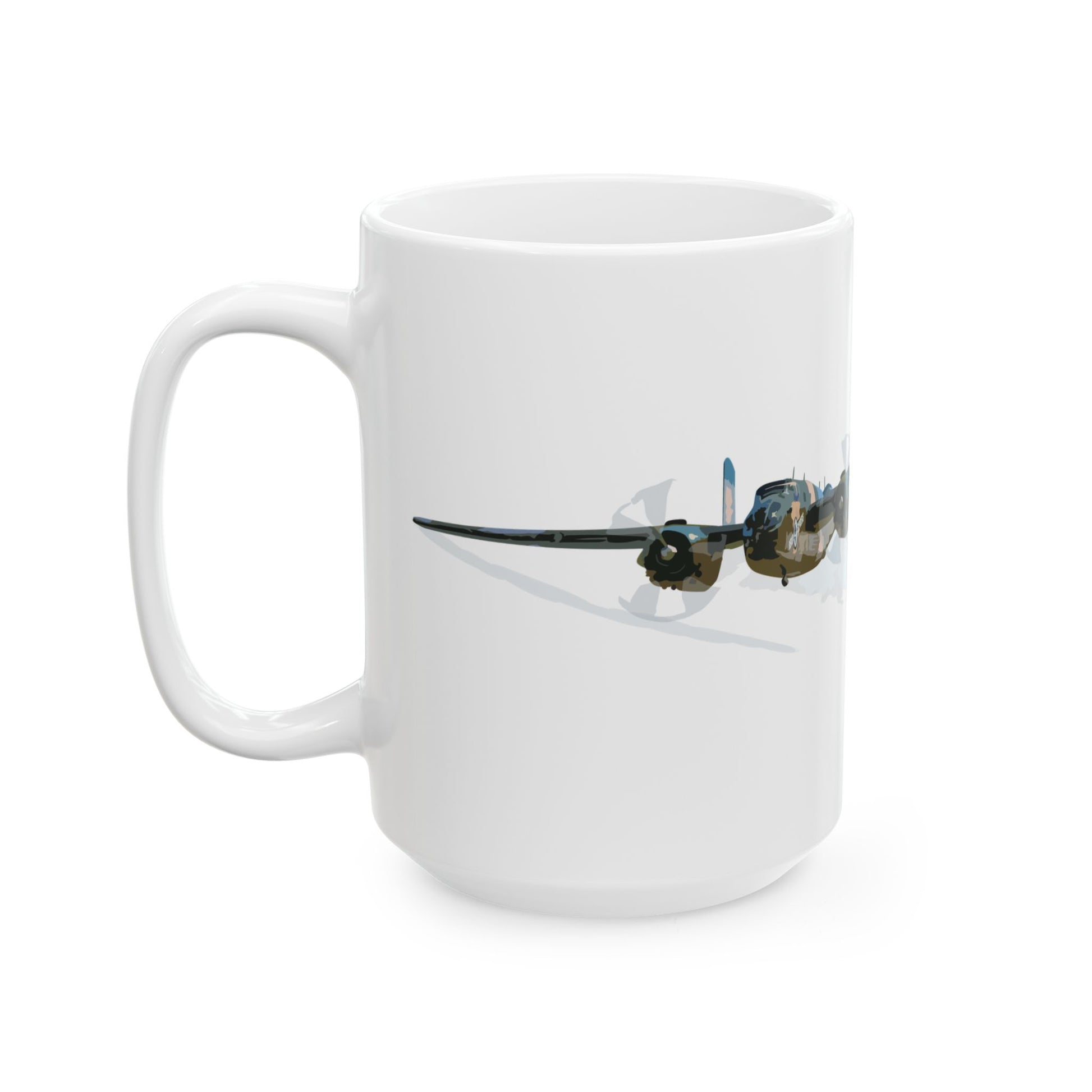 Ceramic mug featuring the B-25 "Berlin Express" bomber, available in 11oz and 15oz sizes, microwave and dishwasher safe, ideal for collectors.