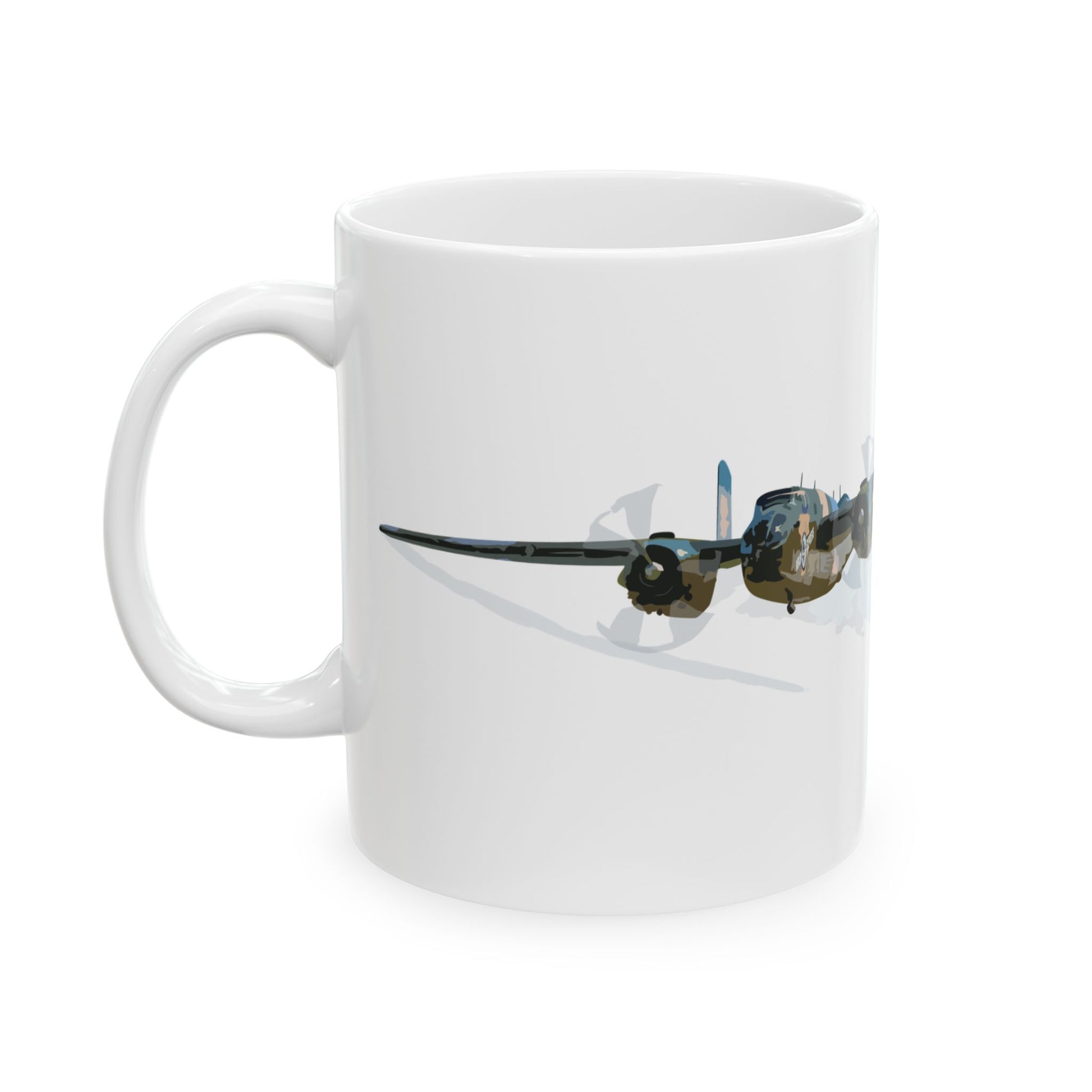 Ceramic mug showcasing the iconic B-25 "Berlin Express" bomber, available in 11oz and 15oz sizes, perfect for daily use or as a collector's item.
