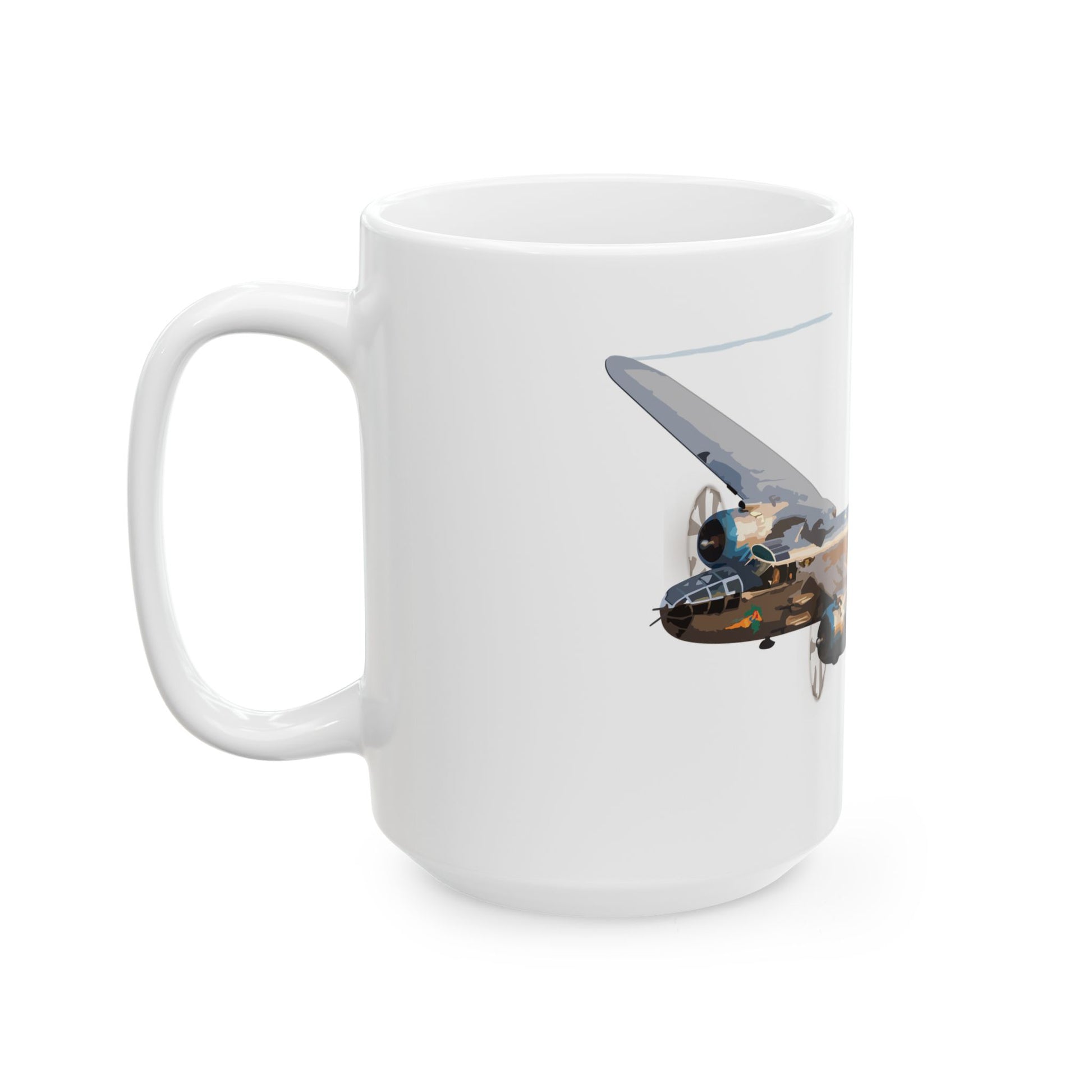 Ceramic mug featuring a vintage-style B-25 "Maid in the Shade" design, available in 11oz and 15oz sizes, great for gifting or daily use.