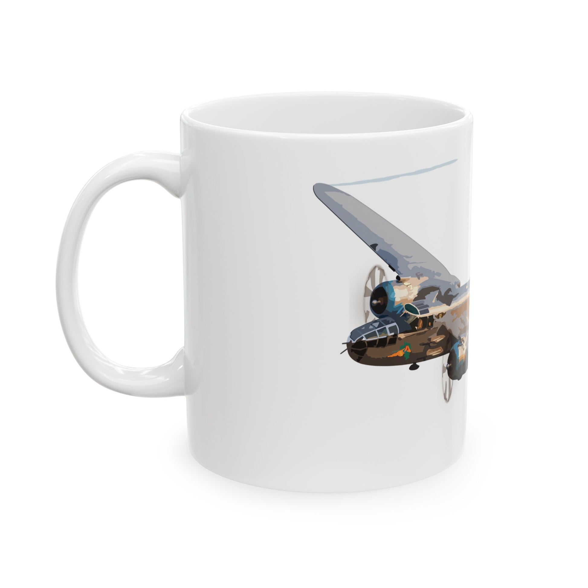 Ceramic mug showcasing the iconic B-25 "Maid in the Shade" bomber, available in 11oz and 15oz sizes, perfect for daily use or as a collector's item.
