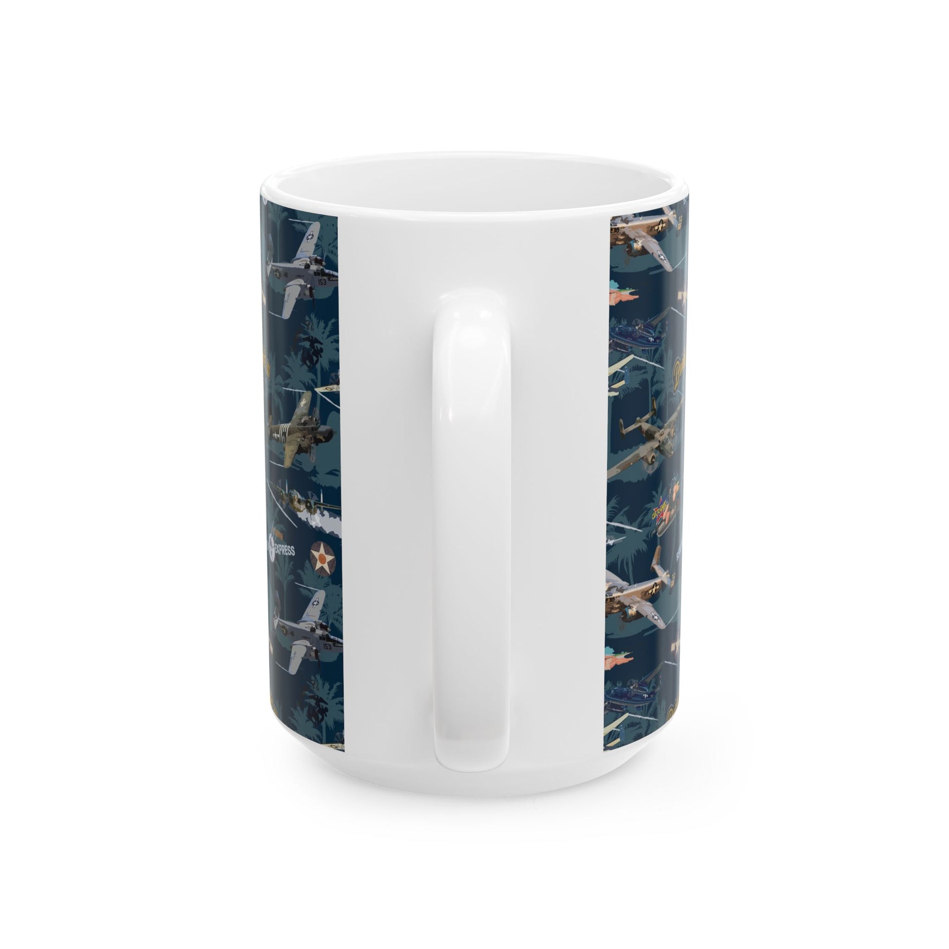 B-25 bomber ceramic mug with a detailed graphic, available in 11oz and 15oz sizes, microwave and dishwasher safe for everyday use.