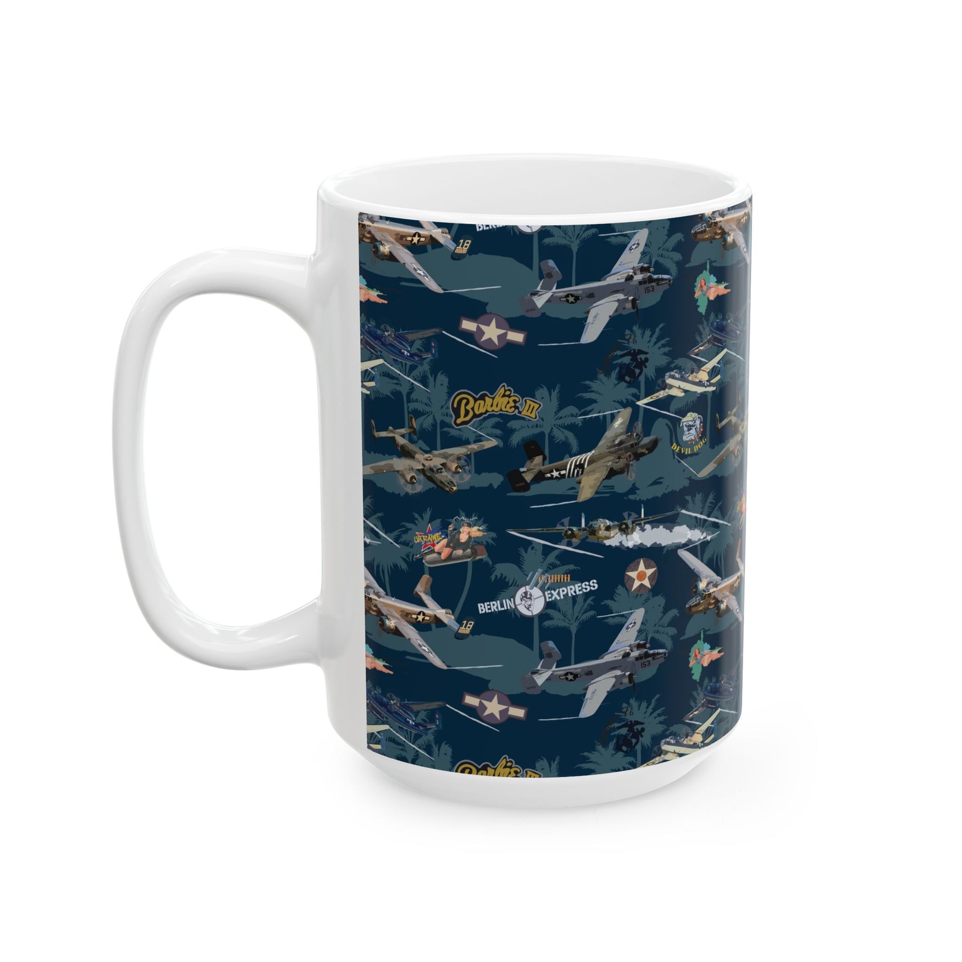 B-25 bomber ceramic mug featuring a vintage-style design, available in two sizes: 11oz and 15oz, perfect for aviation enthusiasts and collectors
