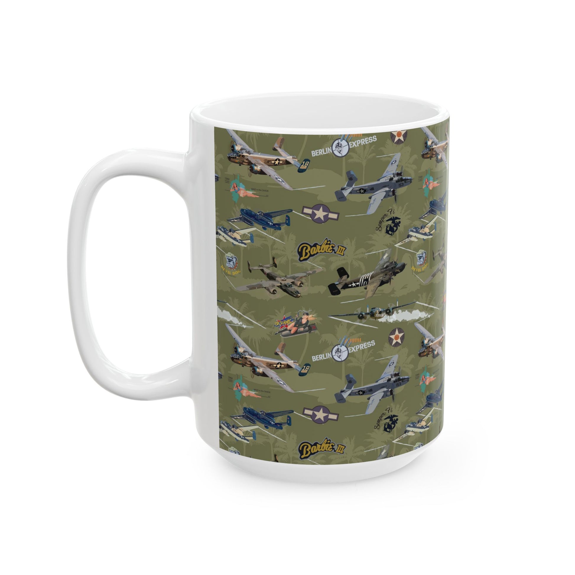B-25 bomber-themed green ceramic mug, available in 11oz and 15oz sizes, microwave and dishwasher safe, ideal for daily use or as a gift.