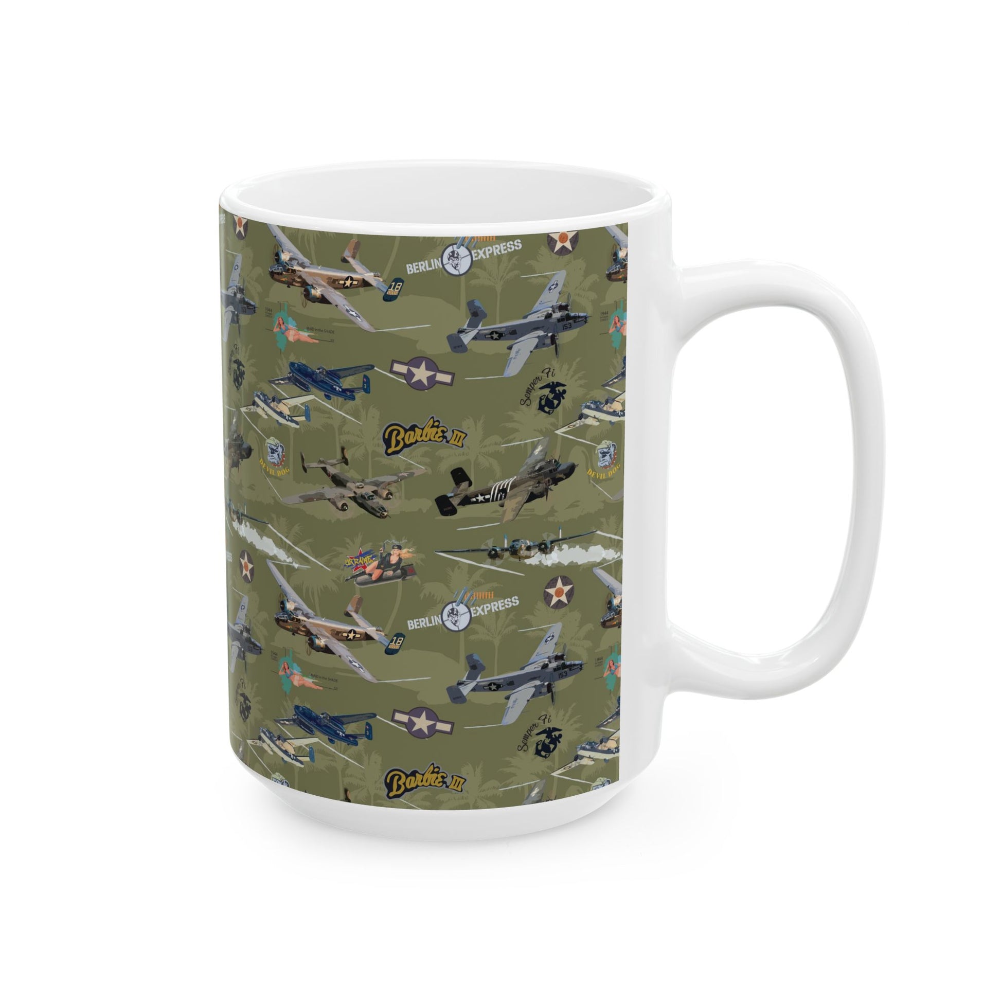 Green ceramic mug showcasing the B-25 bomber, available in 11oz and 15oz sizes, a must-have for aviation enthusiasts and collectors.
