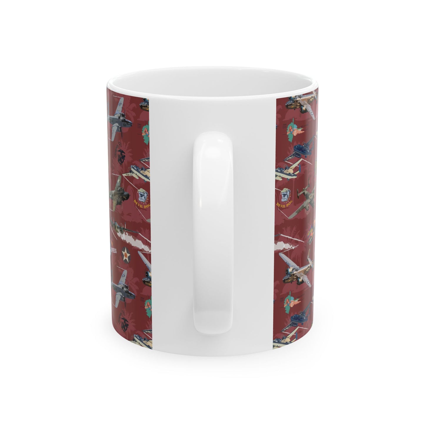 B-25 bomber illustration on a red ceramic mug, ideal for collectors, available in 11oz and 15oz sizes, microwave and dishwasher safe.