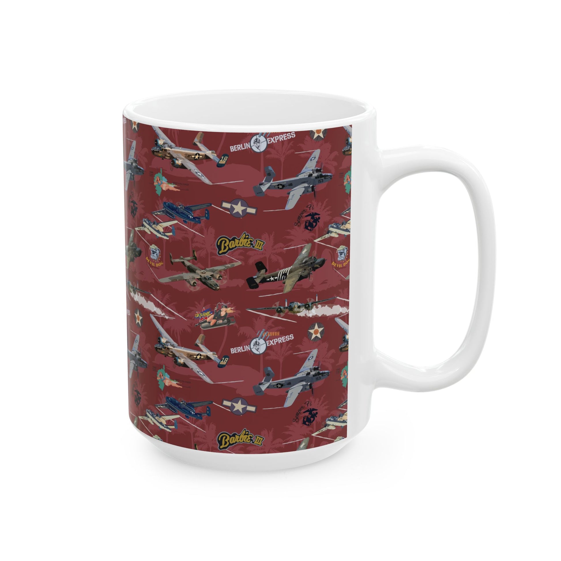 B-25 red ceramic mug with vibrant bomber artwork, available in two sizes: 11oz and 15oz, ideal for collectors or daily use.