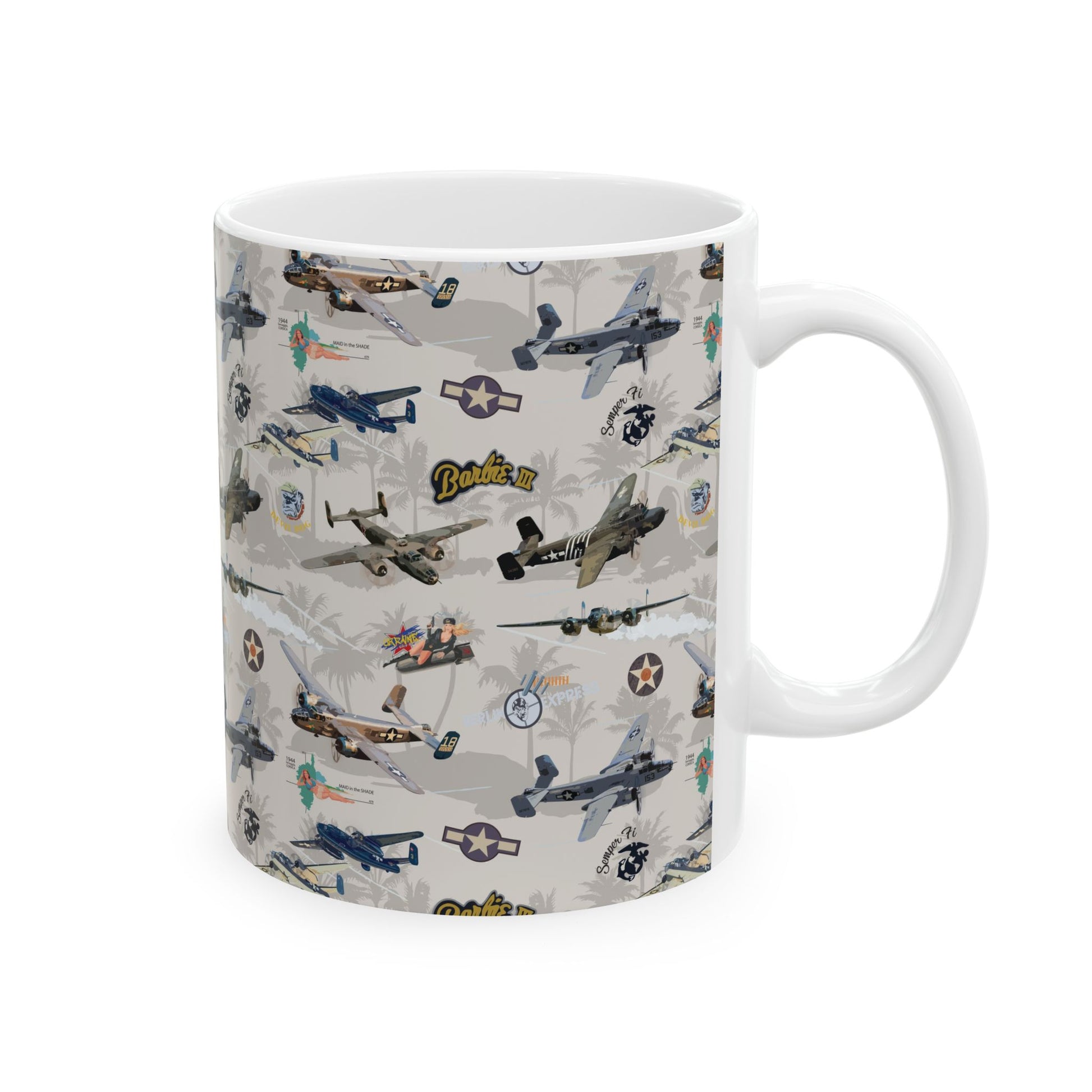 B-25 bomber-themed white ceramic mug with a sleek design, available in 11oz and 15oz sizes, microwave and dishwasher safe.