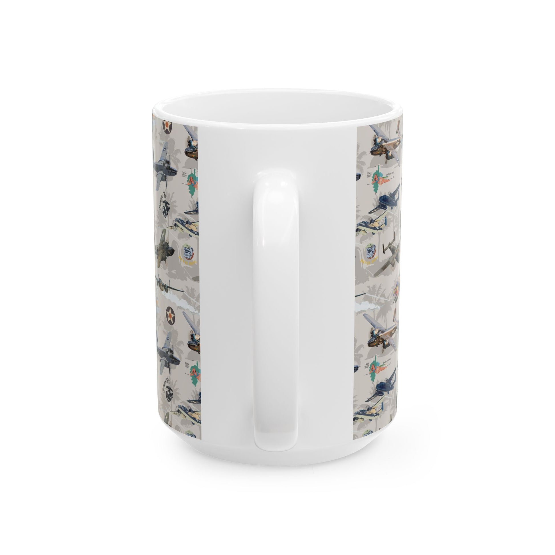 White ceramic mug featuring a detailed graphic of the B-25 bomber, available in 11oz and 15oz sizes, microwave and dishwasher safe for convenience.