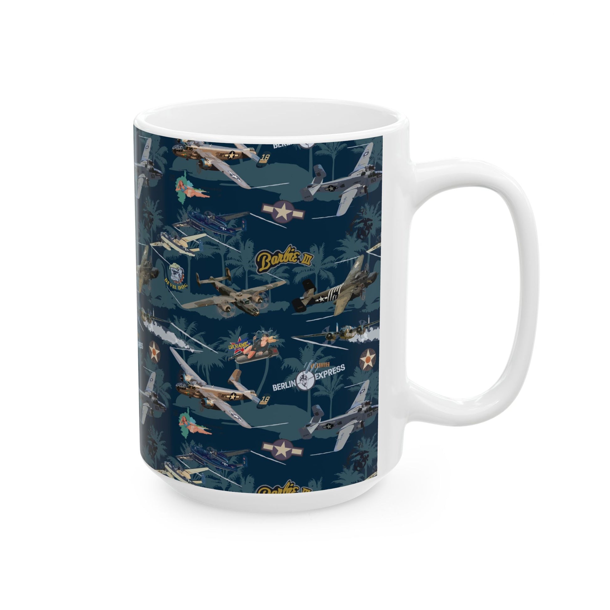 Ceramic mug showcasing the iconic B-25 bomber, available in 11oz and 15oz sizes, a great gift for history buffs and aviation fans.