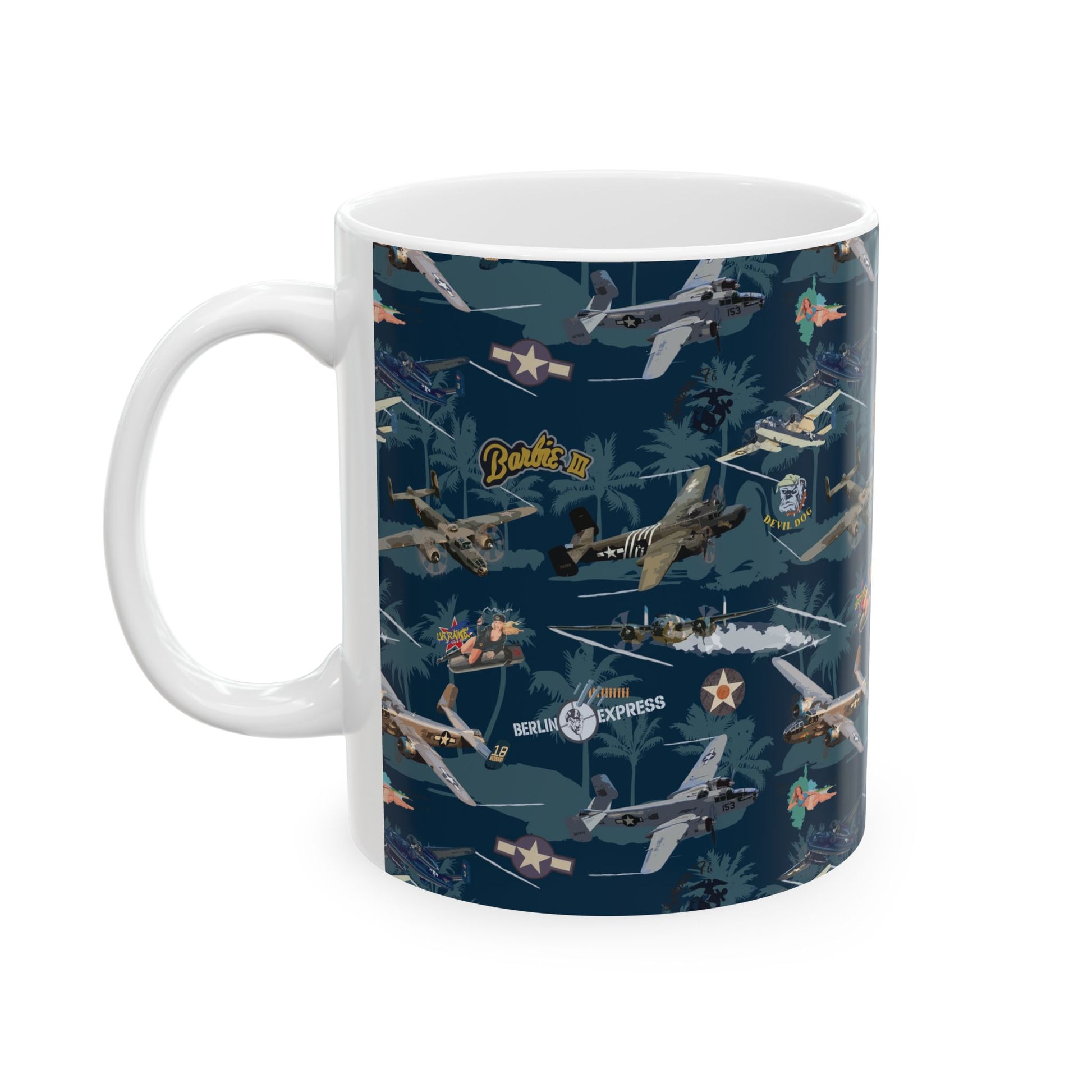 Ceramic mug showcasing the iconic B-25 bomber, available in 11oz and 15oz sizes, perfect for daily use or as a collector's item.