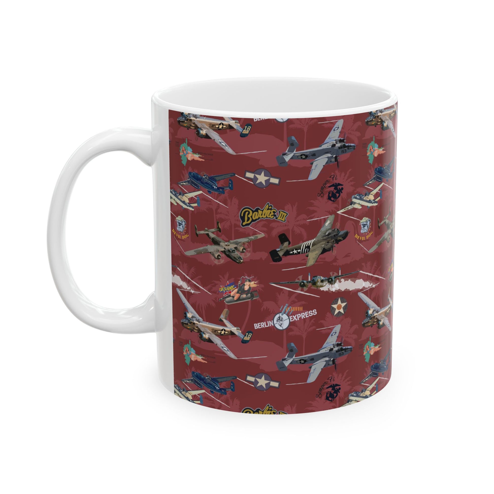 Red ceramic mug showcasing the iconic B-25 bomber, available in 11oz and 15oz sizes, perfect for daily use or as a collector's item.