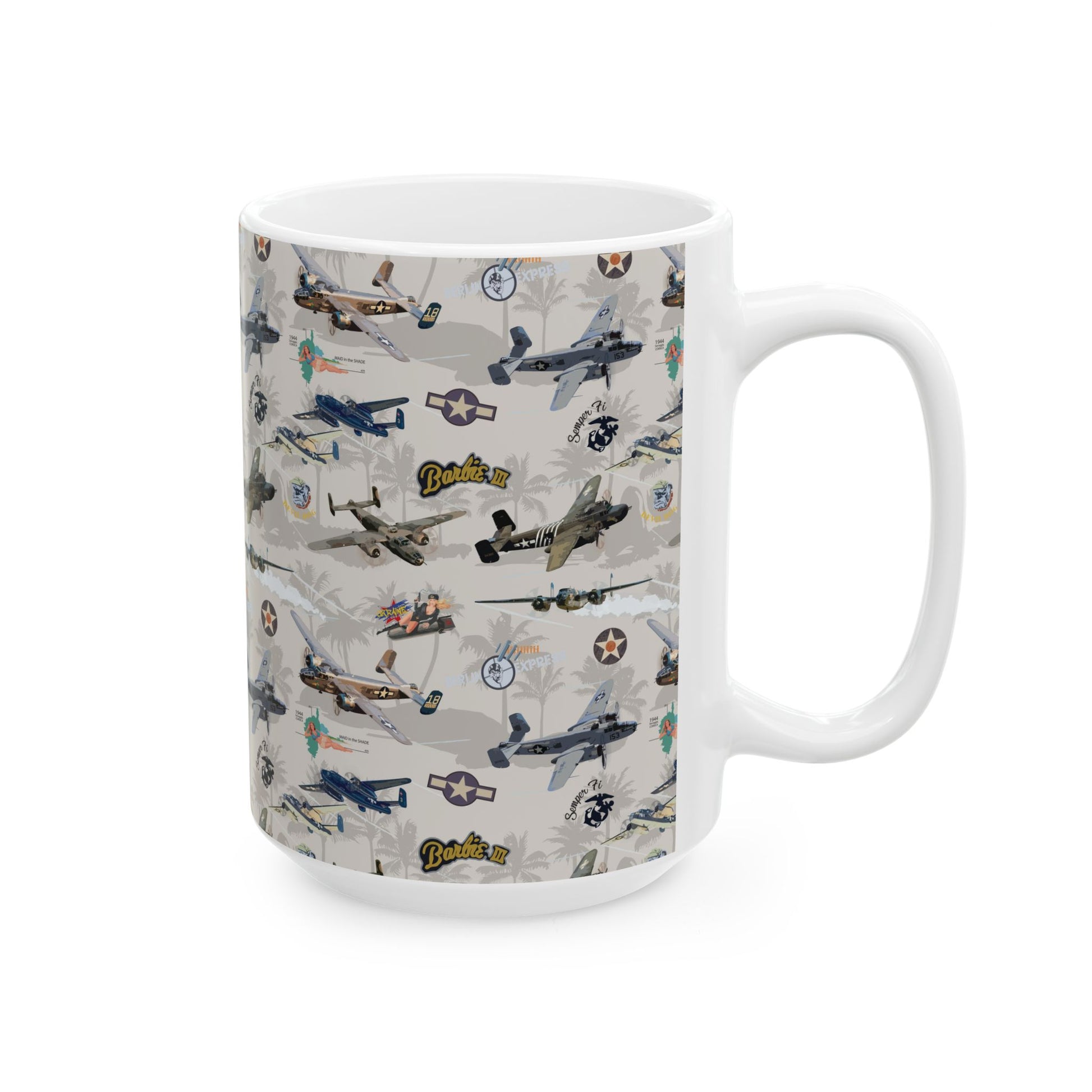 B-25 bomber-themed white ceramic mug with bold artwork, available in two sizes: 11oz and 15oz, microwave and dishwasher safe.
