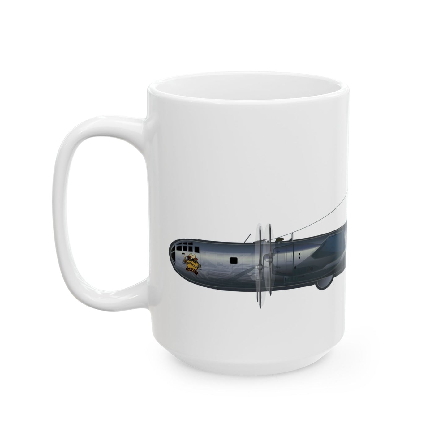 B-29 Bockscar bomber ceramic mug, showcasing the legendary aircraft, available in two sizes: 11oz and 15oz, microwave and dishwasher safe.