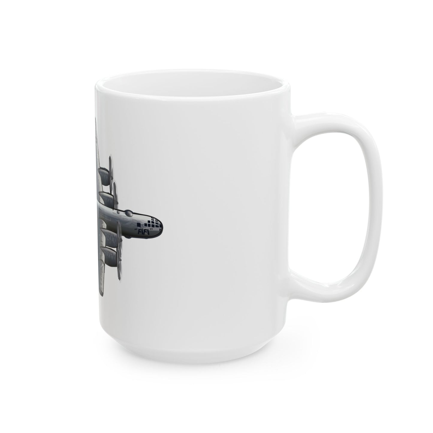 B-29 Superfortress 'FIFI' mug with a vintage bomber illustration, available in two sizes: 11oz and 15oz, great for collectors and aviation enthusiasts.