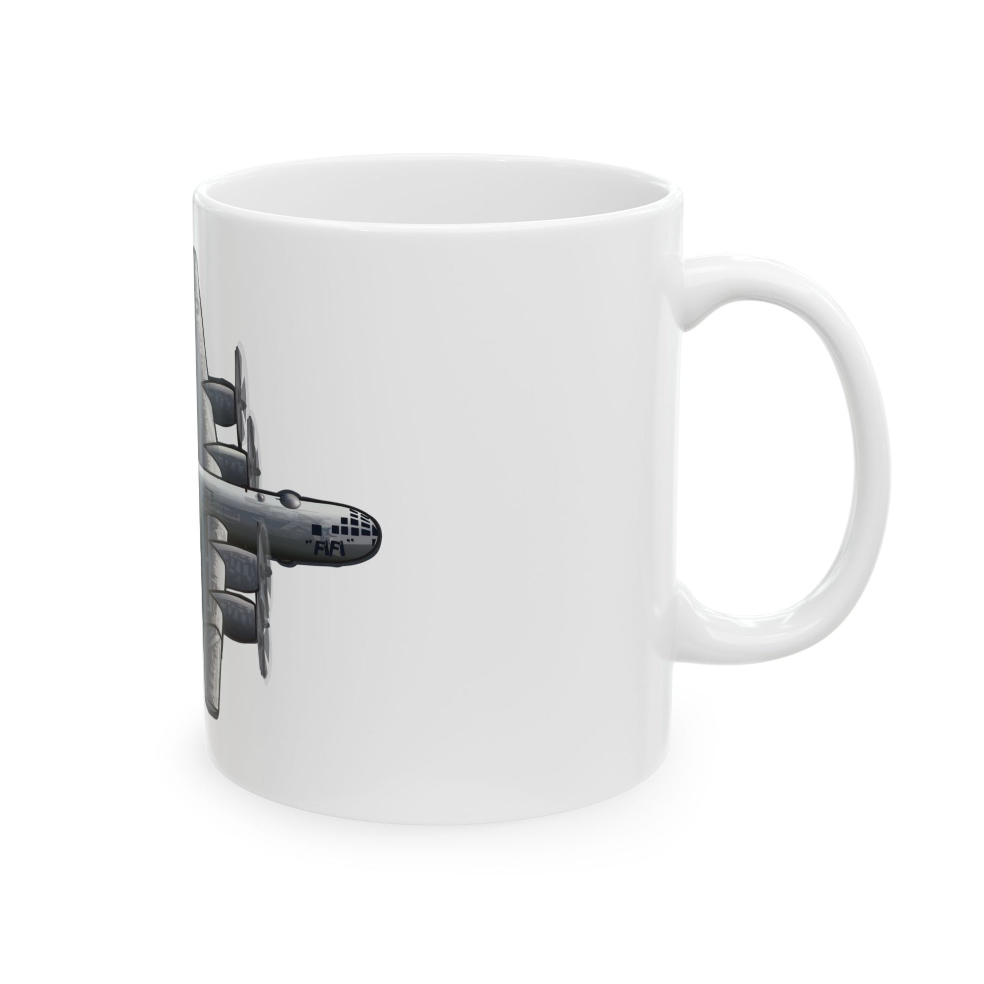 B-29 'FIFI' ceramic mug with a bold bomber graphic, available in 11oz and 15oz sizes, microwave and dishwasher safe.