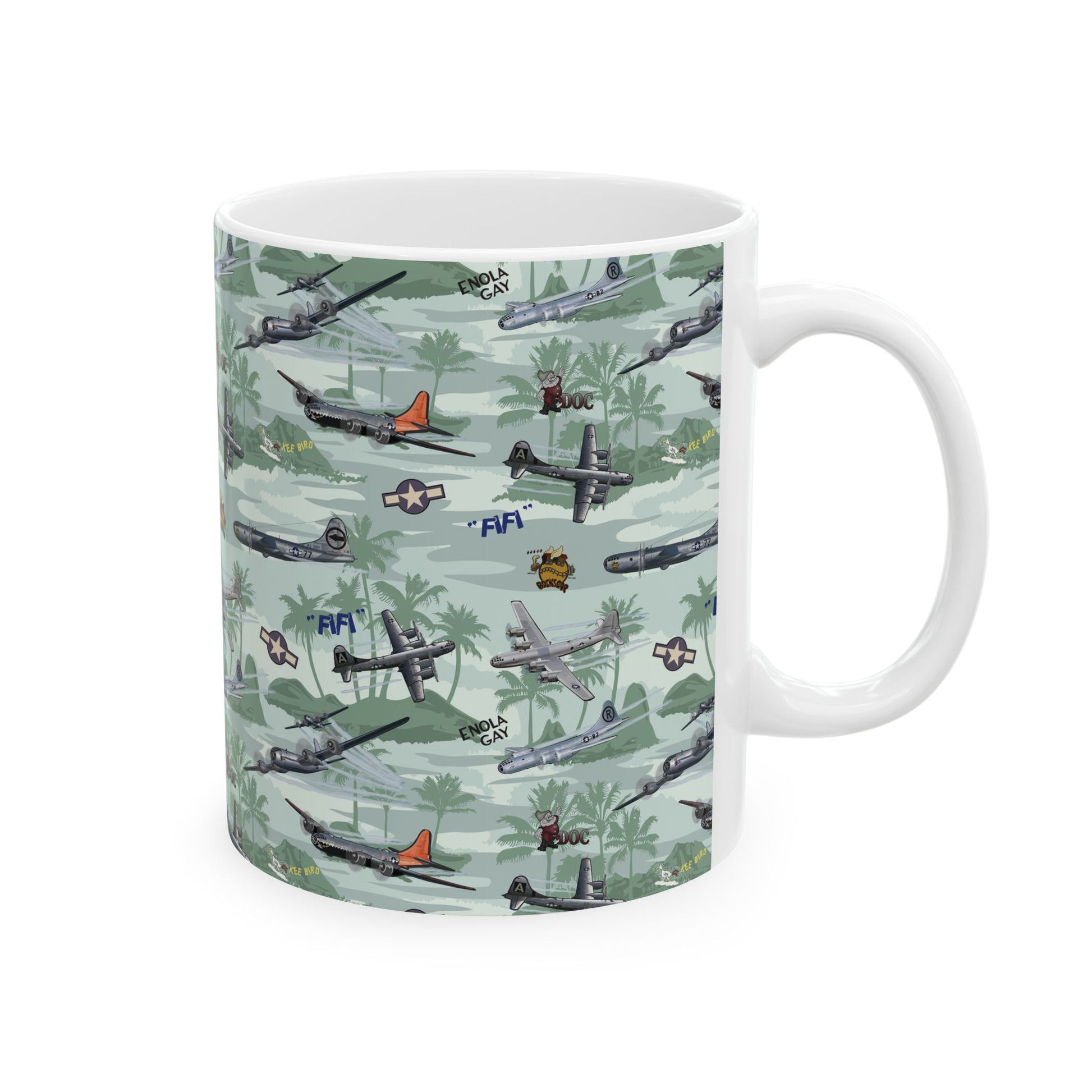B-29 Green Ceramic Mug with a bold bomber graphic, available in 11oz and 15oz sizes, microwave and dishwasher safe.