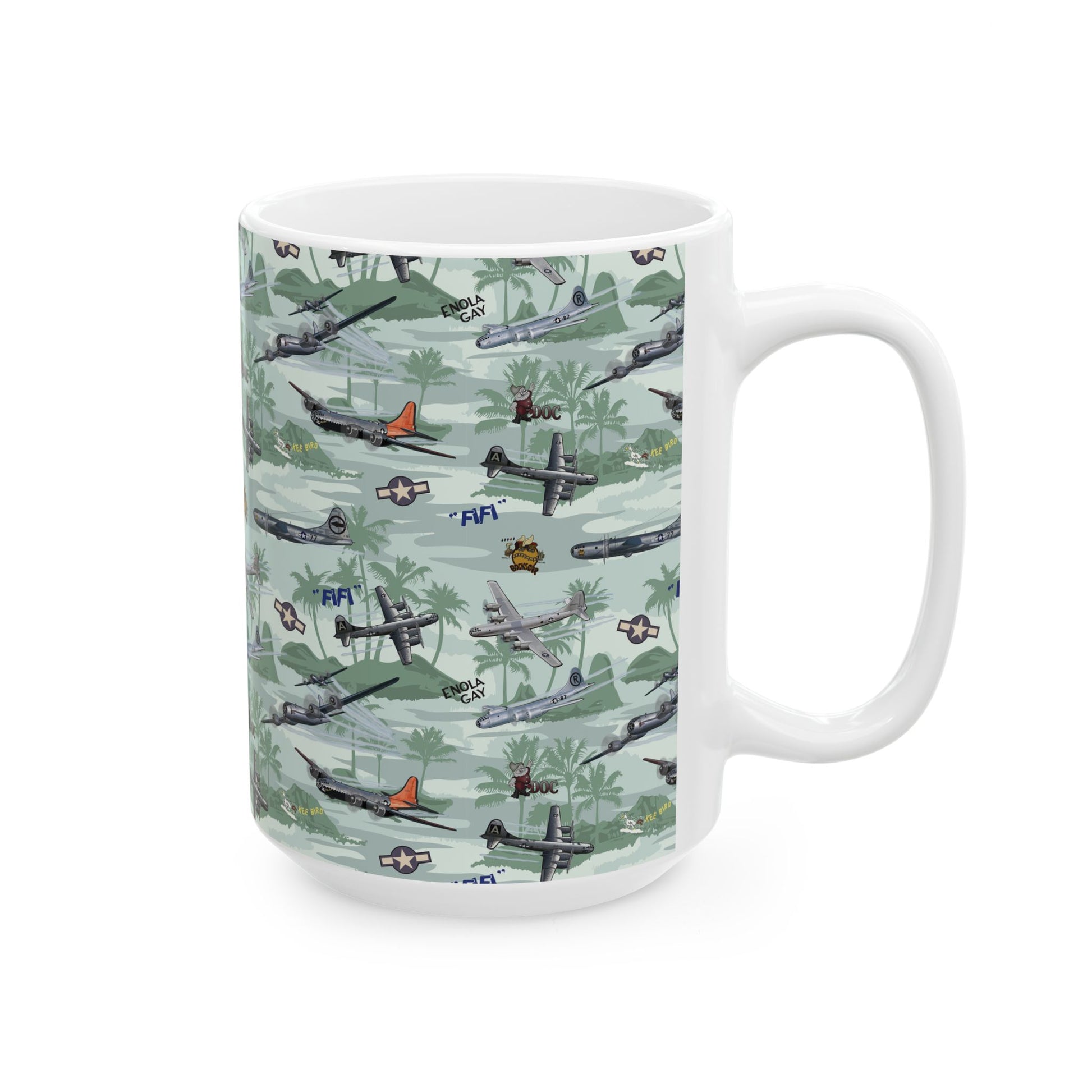 Green ceramic coffee mug with a B-29 Superfortress bomber design, ideal for collectors and aviation enthusiasts, available in 11oz and 15oz sizes.