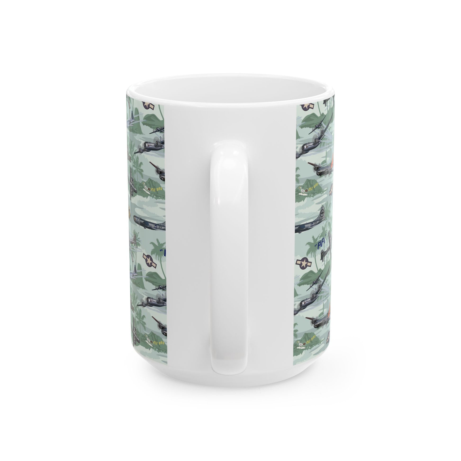 Stylish green B-29 ceramic mug featuring a classic bomber design, perfect for aviation fans, available in 11oz and 15oz sizes.