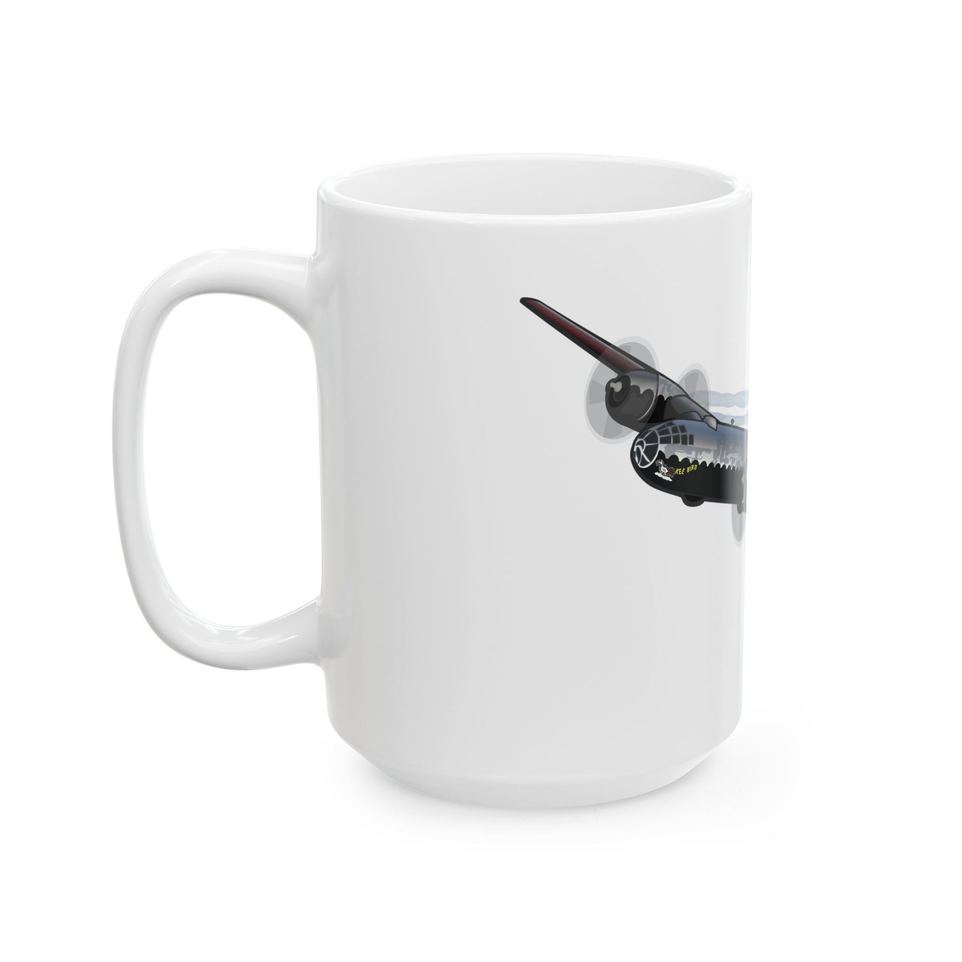 B-29 Kee Bird ceramic mug with an iconic bomber design, available in 11oz and 15oz sizes, ideal for aviation enthusiasts and collectors.