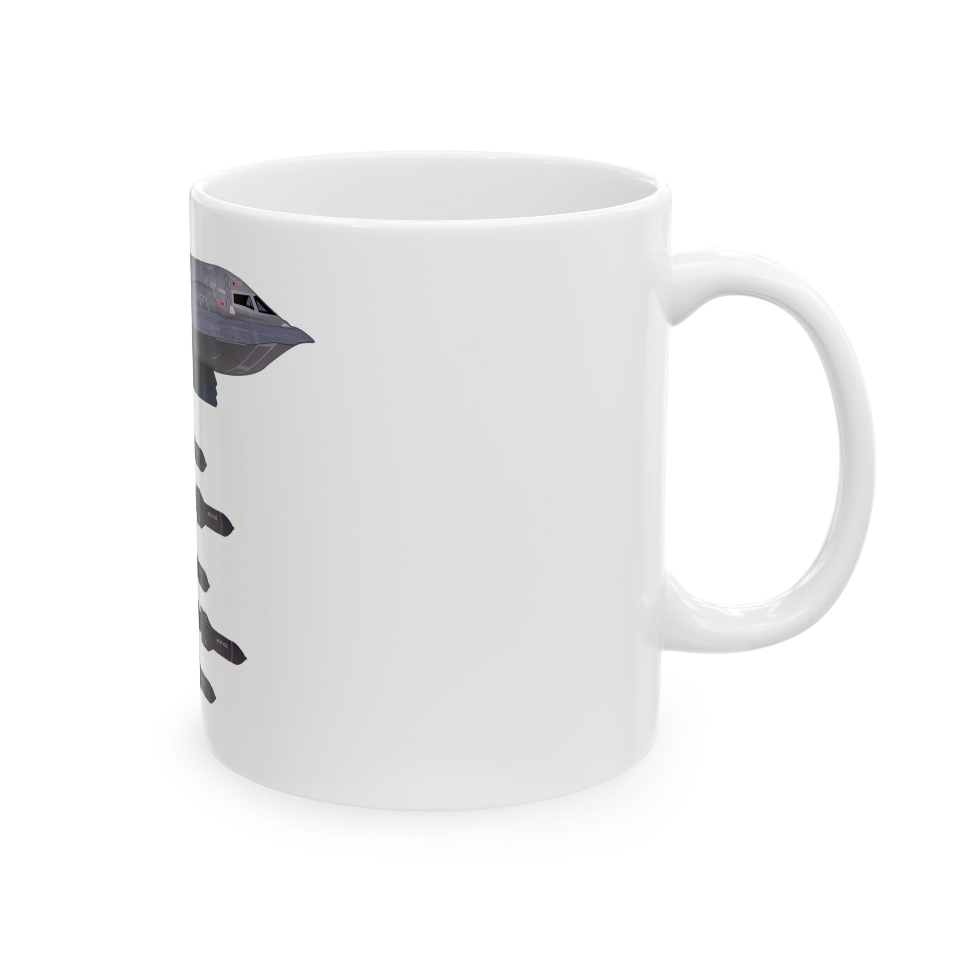 B-2 Spirit ceramic mug with a bold stealth bomber graphic, perfect for daily use or as a collector's item, available in 11oz and 15oz sizes.
