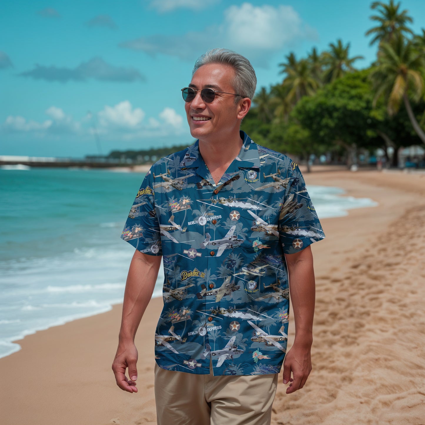"B-25 Mitchell Tribute" Hawaiian Shirt 100%  Cotton - Blue