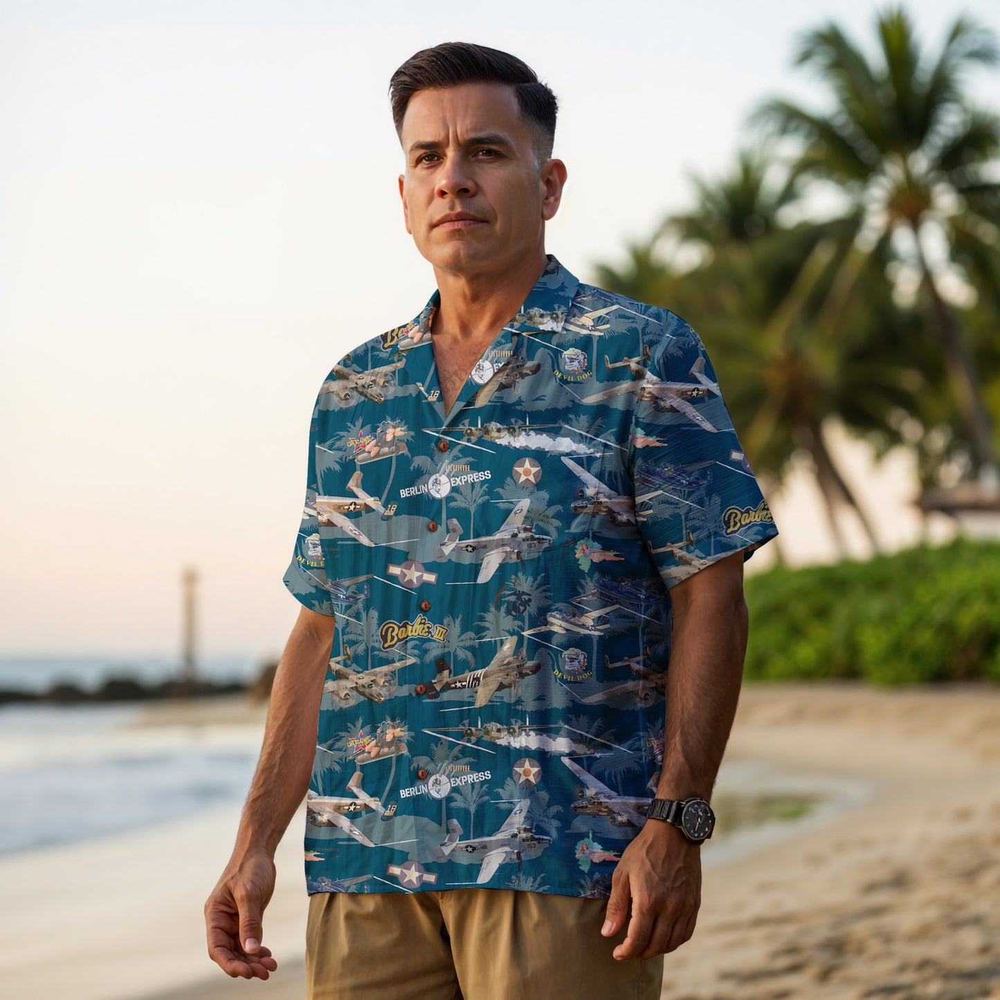 "B-25 Mitchell Tribute" Hawaiian Shirt 100%  Cotton - Blue