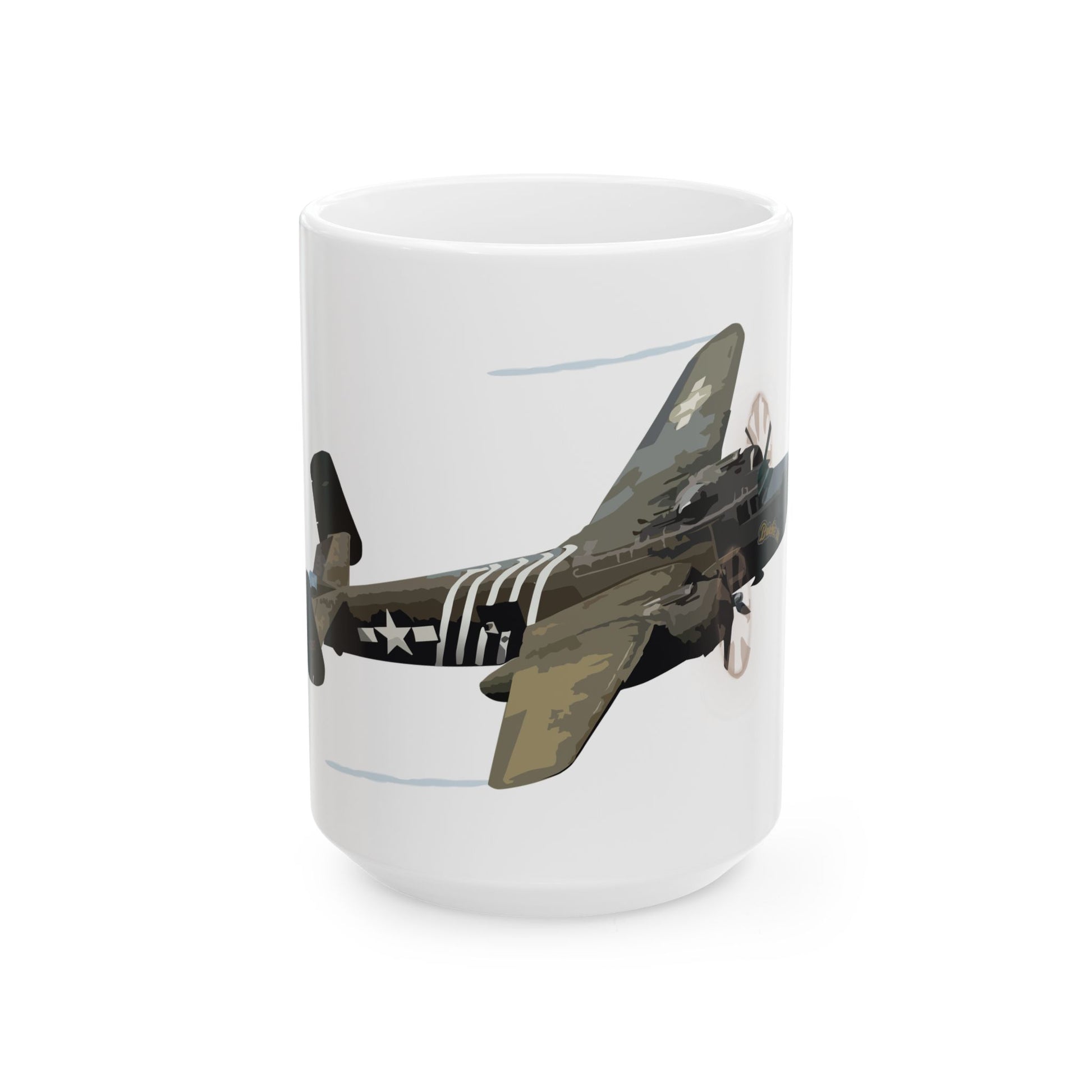 Ceramic mug featuring a detailed graphic of the B-25 "Barbie" bomber, perfect for aviation enthusiasts, available in two sizes: 11oz and 15oz.