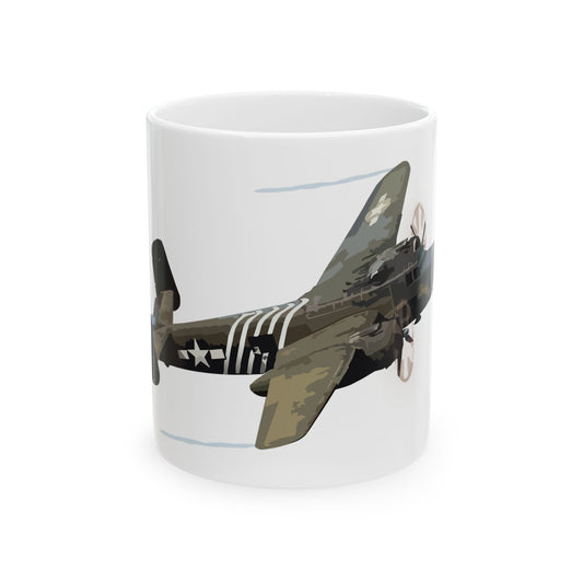 B-25 "Barbie" bomber-themed ceramic mug, available in 11oz and 15oz sizes, microwave and dishwasher safe.