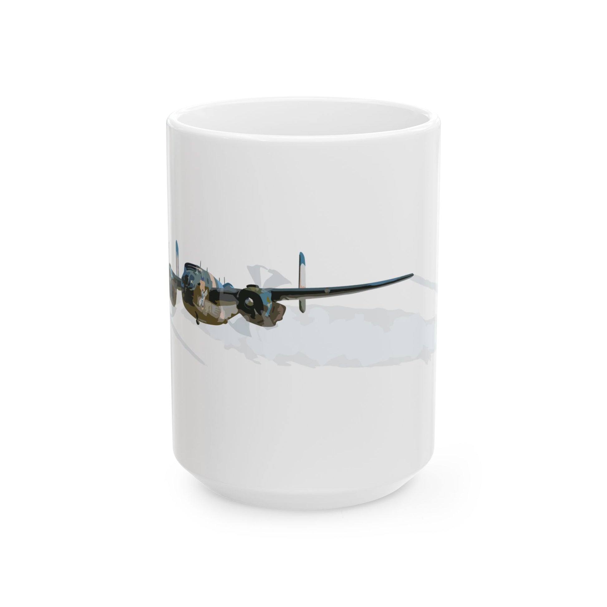 Ceramic mug featuring a detailed graphic of the B-25 "Berlin Express" bomber, perfect for aviation enthusiasts, available in two sizes: 11oz and 15oz.