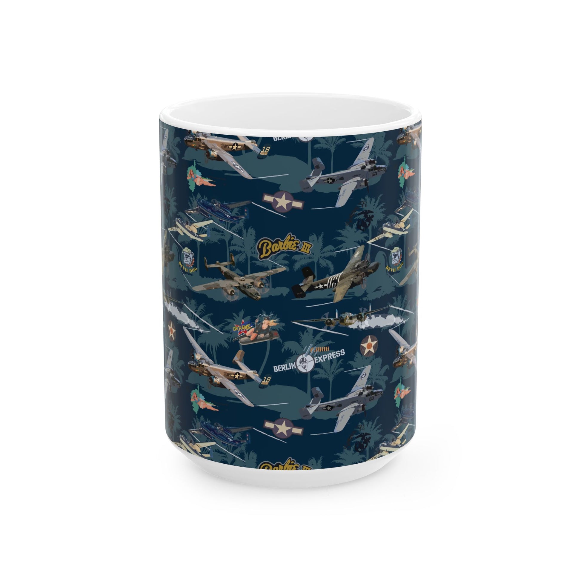 Ceramic mug featuring a detailed B-25 bomber graphic, perfect for aviation enthusiasts, available in two sizes: 11oz and 15oz.