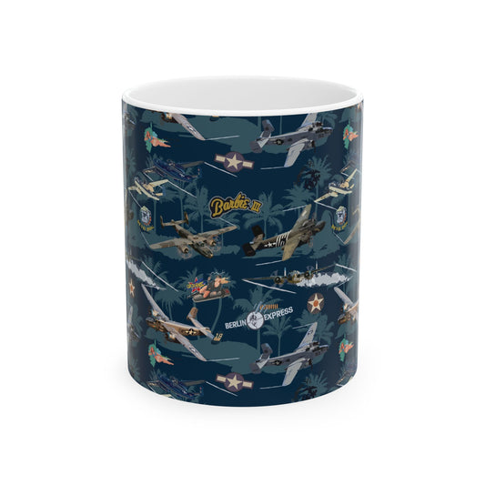B-25 bomber-themed ceramic mug, available in 11oz and 15oz sizes, microwave and dishwasher safe.