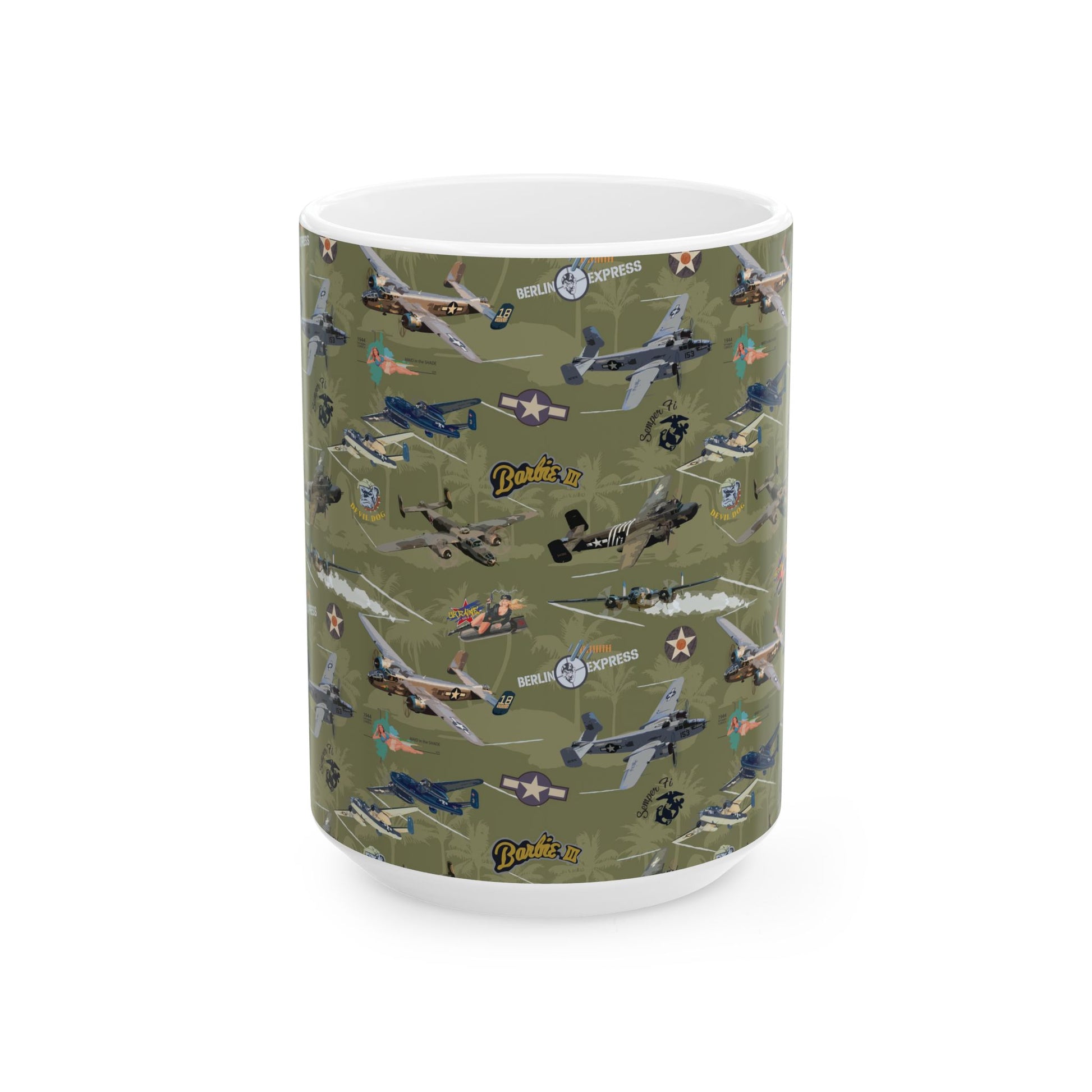 Green ceramic mug featuring a detailed B-25 bomber graphic, perfect for aviation enthusiasts, available in two sizes: 11oz and 15oz.