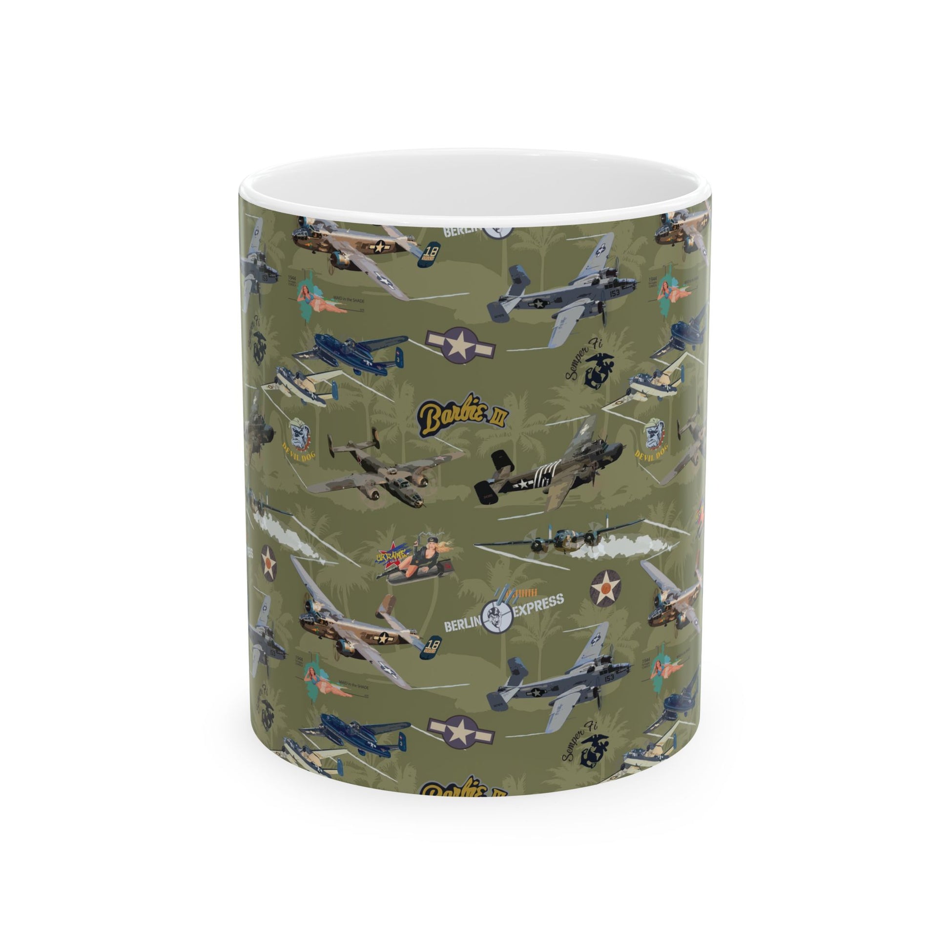 B-25 bomber-themed green ceramic mug, available in 11oz and 15oz sizes, microwave and dishwasher safe.
