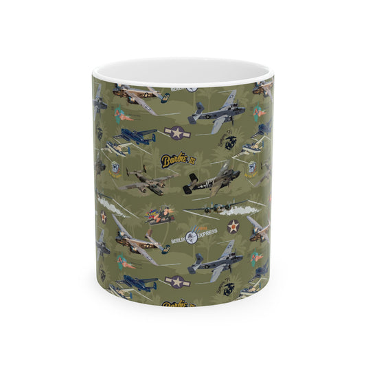 B-25 bomber-themed green ceramic mug, available in 11oz and 15oz sizes, microwave and dishwasher safe.