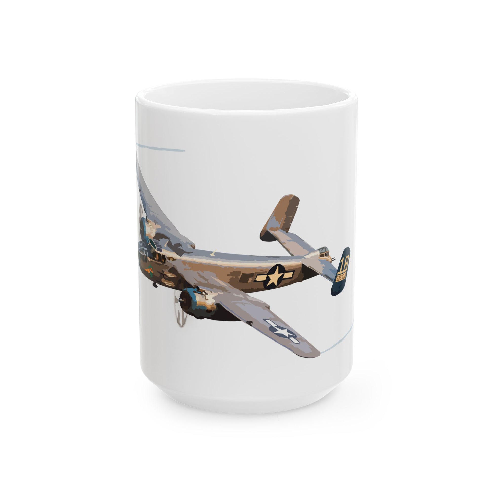 Ceramic mug featuring a detailed graphic of the B-25 "Maid in the Shade" bomber, perfect for aviation enthusiasts, available in two sizes: 11oz and 15oz.