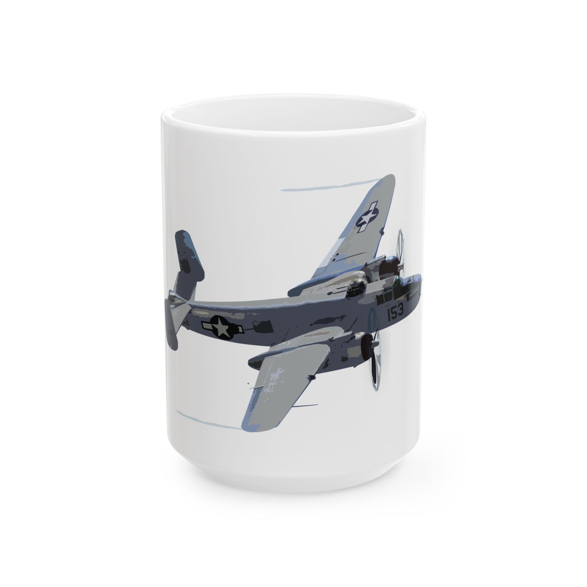 Ceramic mug featuring a detailed B-25 bomber graphic with Tuskegee Airmen tribute, perfect for aviation enthusiasts, available in two sizes: 11oz and 15oz.