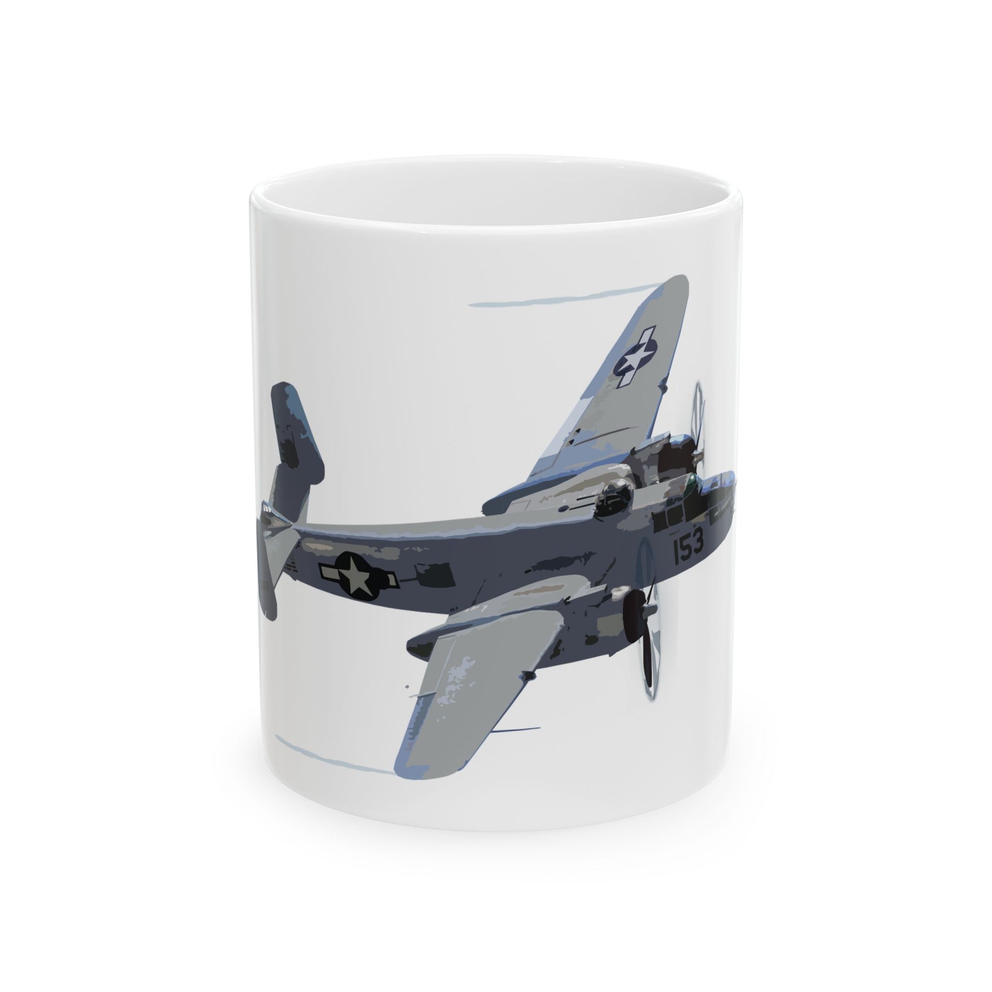 B-25 bomber-themed ceramic mug honoring the Tuskegee Airmen, available in 11oz and 15oz sizes, microwave and dishwasher safe.
