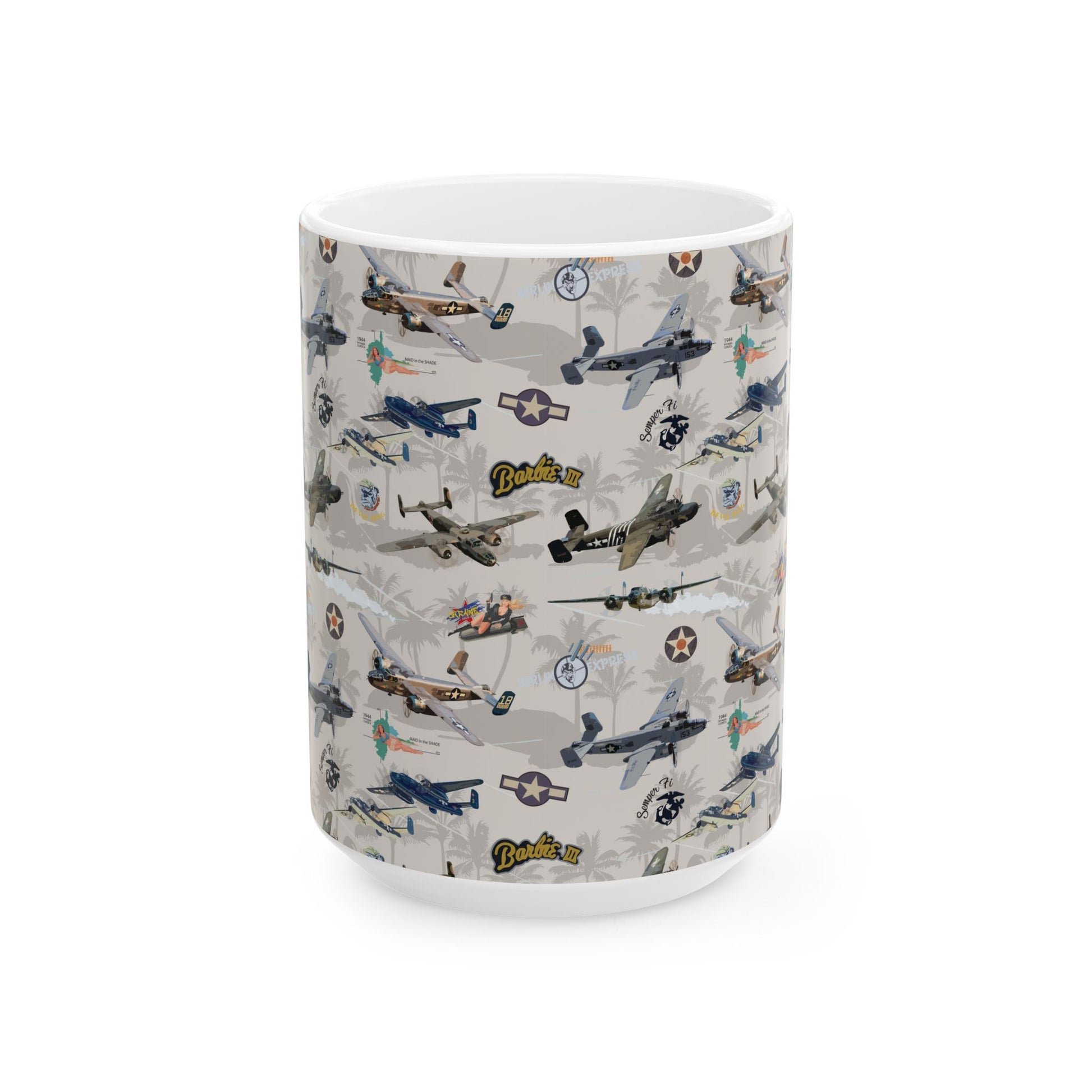 White ceramic mug featuring a detailed B-25 bomber graphic, perfect for aviation enthusiasts, available in two sizes: 11oz and 15oz.