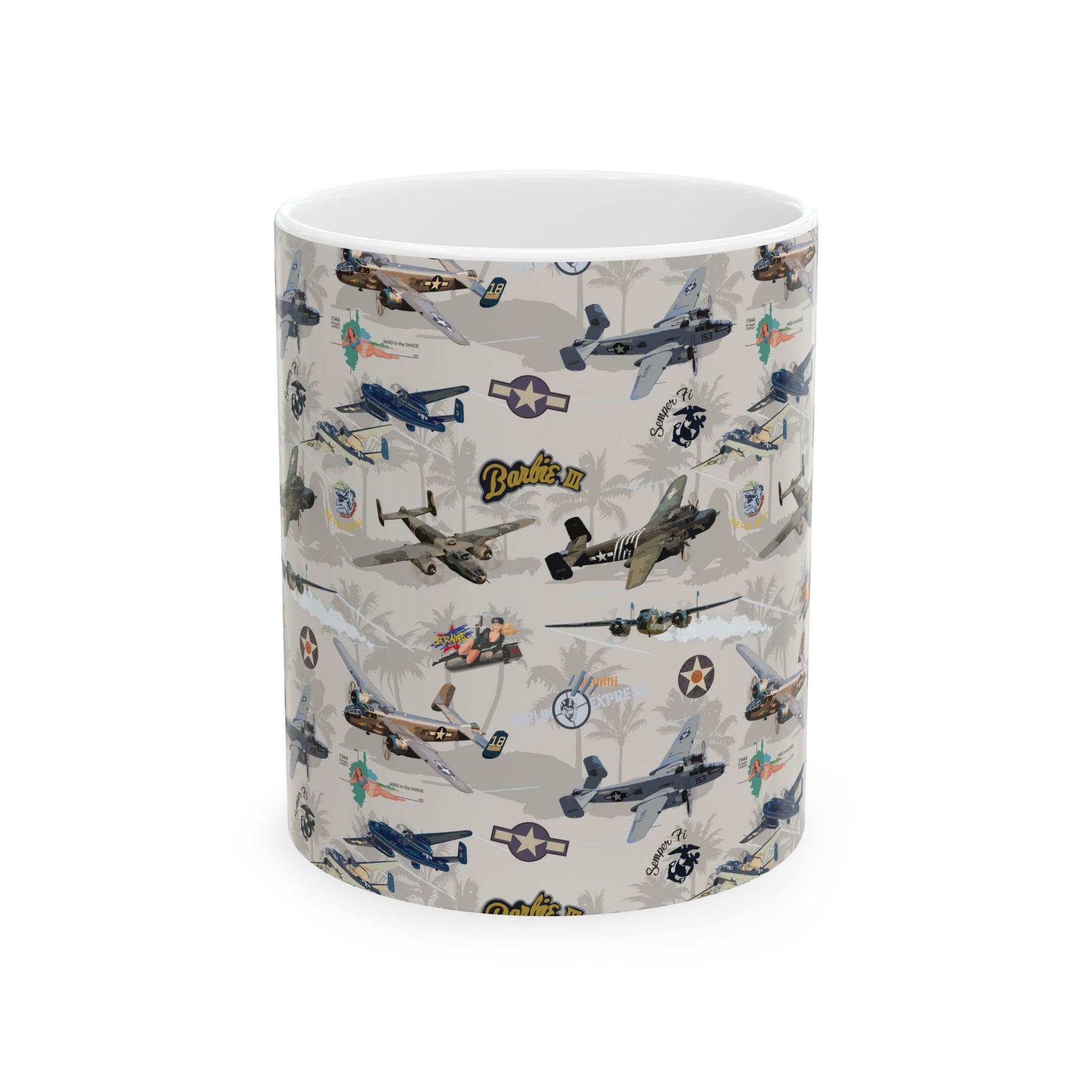 B-25 bomber-themed white ceramic mug, available in 11oz and 15oz sizes, microwave and dishwasher safe.