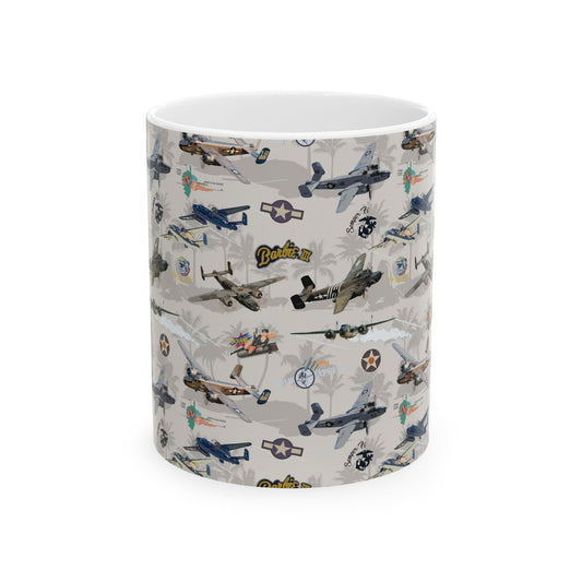 B-25 bomber-themed white ceramic mug, available in 11oz and 15oz sizes, microwave and dishwasher safe.