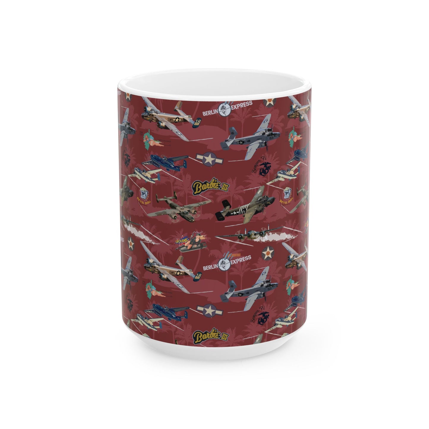 B-25 bomber-themed red ceramic mug, available in 11oz and 15oz sizes, microwave and dishwasher safe.