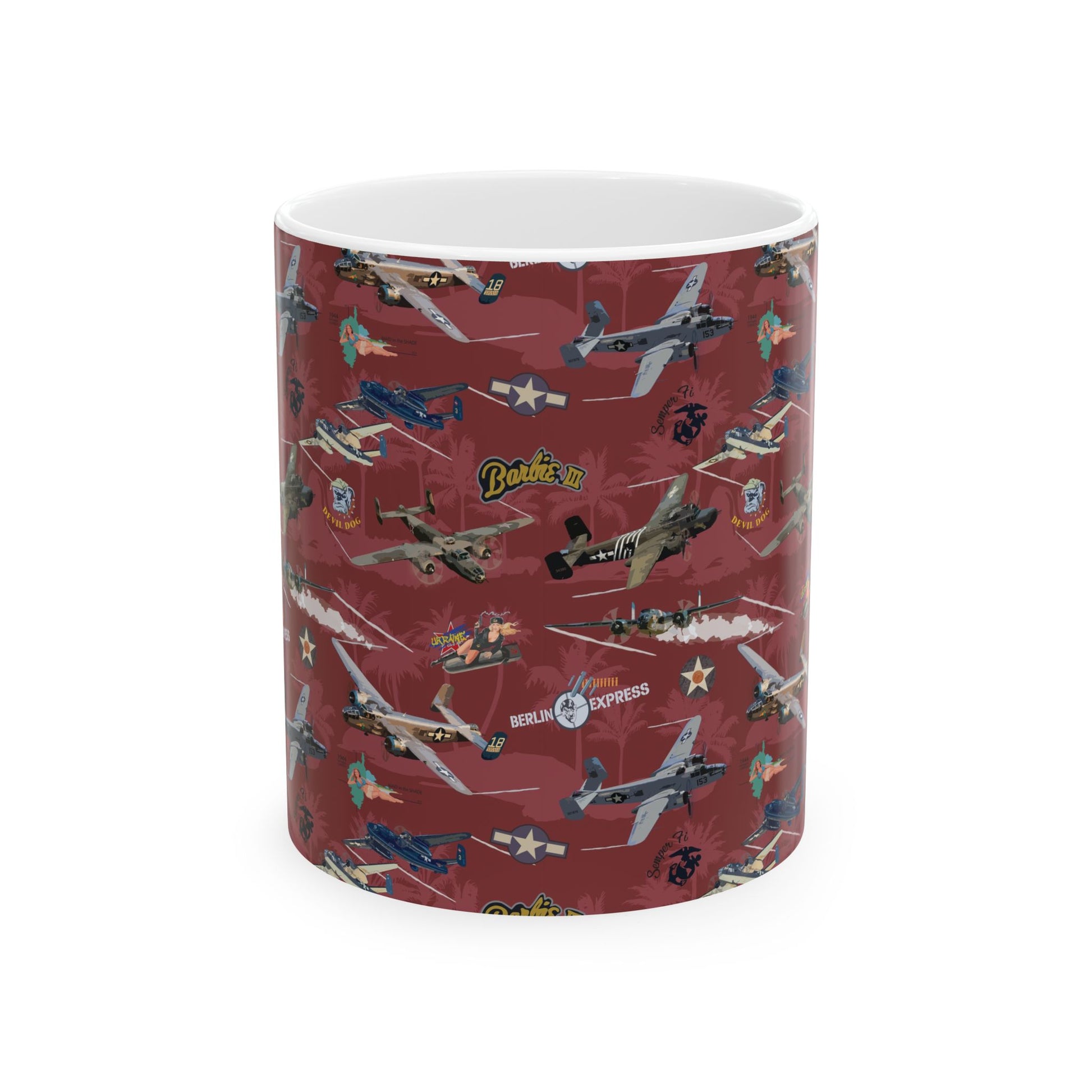 B-25 bomber-themed red ceramic mug, available in 11oz and 15oz sizes, microwave and dishwasher safe.