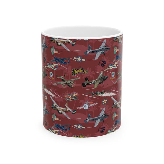 B-25 bomber-themed red ceramic mug, available in 11oz and 15oz sizes, microwave and dishwasher safe.