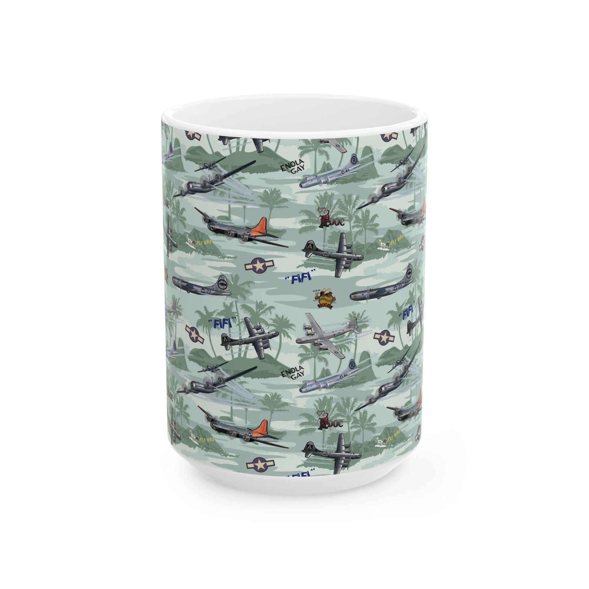 Durable ceramic coffee mug with a green-themed B-29 bomber graphic, perfect for aviation enthusiasts, available in two sizes: 11oz and 15oz