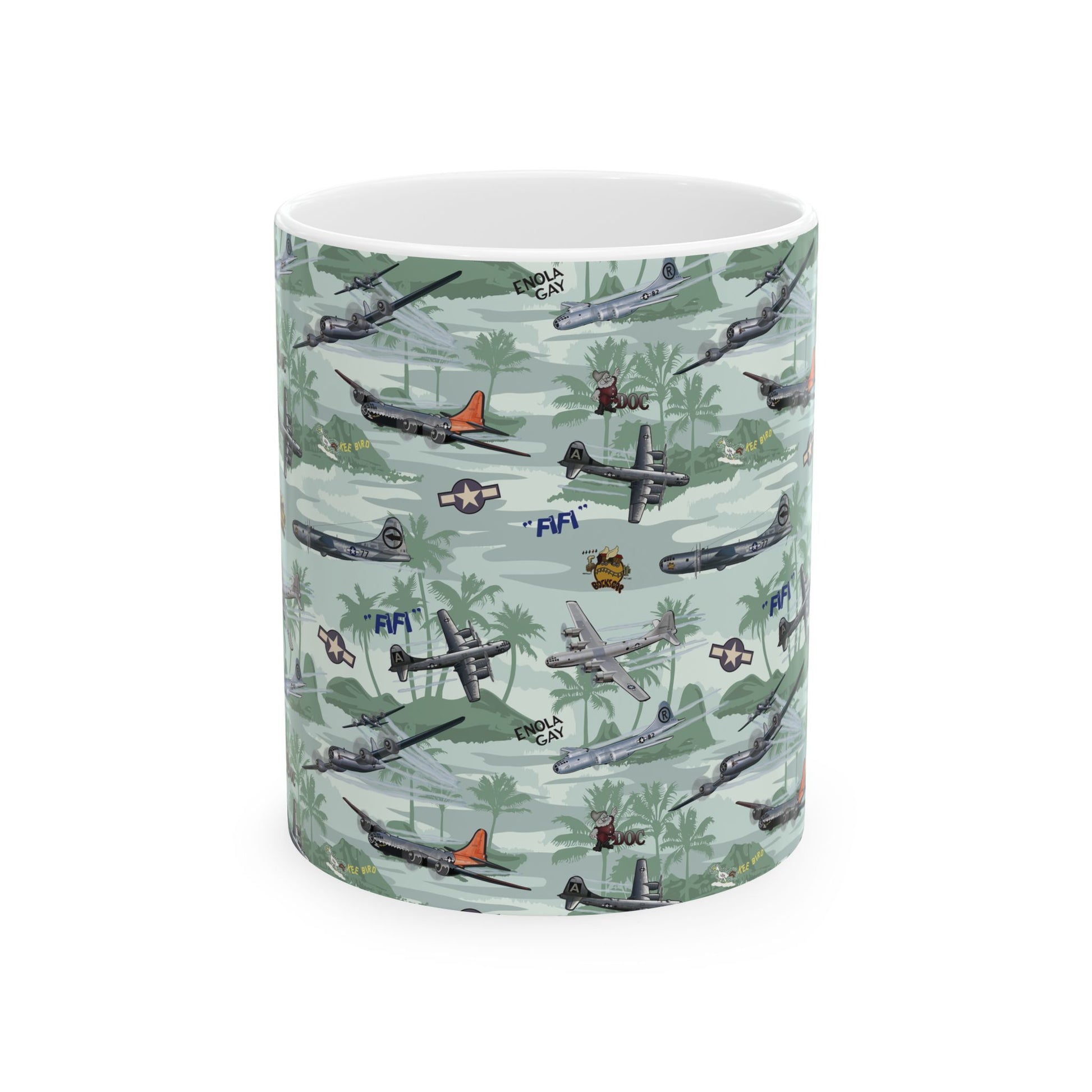 Green ceramic mug featuring a B-29 Superfortress bomber design, available in 11oz and 15oz sizes, microwave and dishwasher safe.