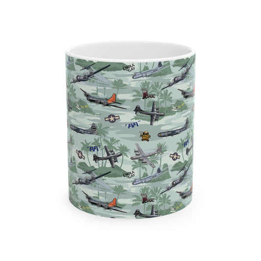 Green ceramic mug featuring a B-29 Superfortress bomber design, available in 11oz and 15oz sizes, microwave and dishwasher safe.