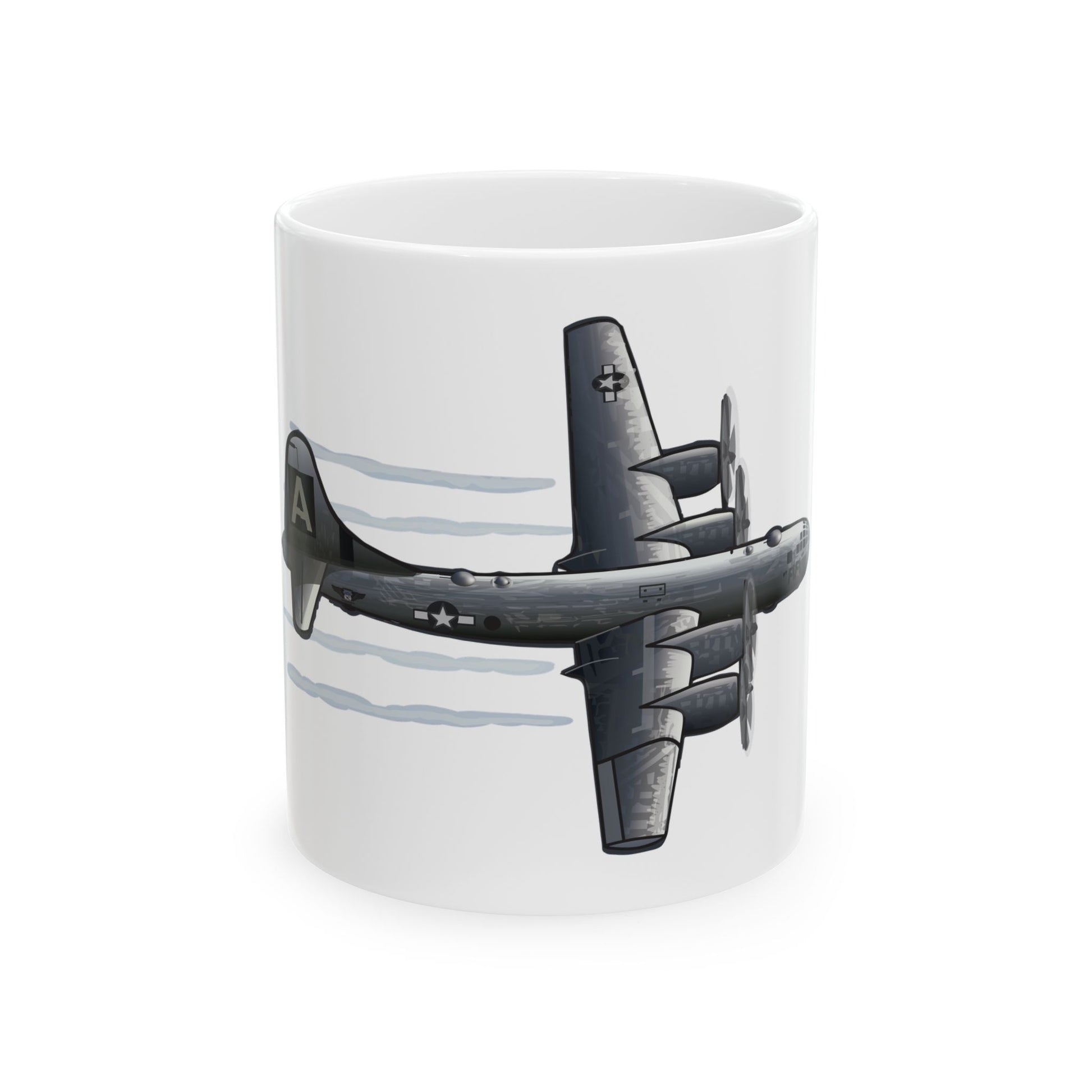 B-29 Superfortress 'FIFI' ceramic mug featuring a detailed aircraft illustration, available in 11oz and 15oz sizes, microwave and dishwasher safe.