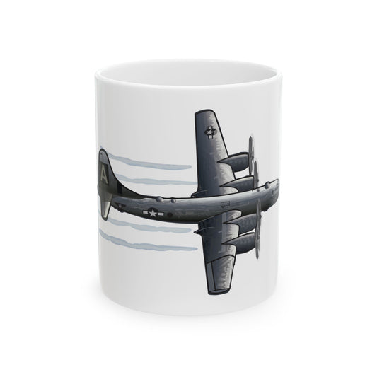 B-29 Superfortress 'FIFI' ceramic mug featuring a detailed aircraft illustration, available in 11oz and 15oz sizes, microwave and dishwasher safe.