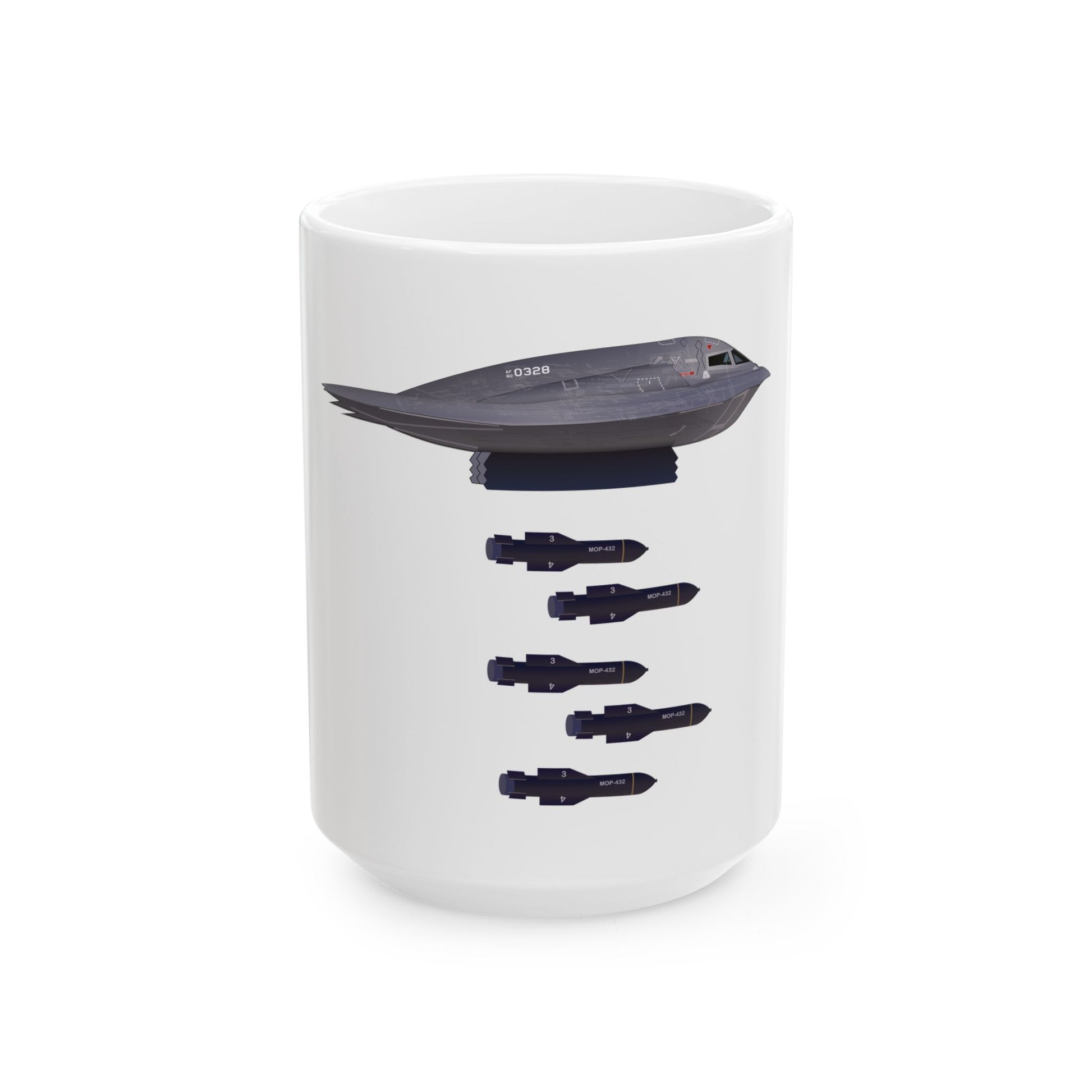 White ceramic mug showcasing the B-2 Spirit stealth bomber, perfect for aviation enthusiasts, available in two sizes: 11oz and 15oz.